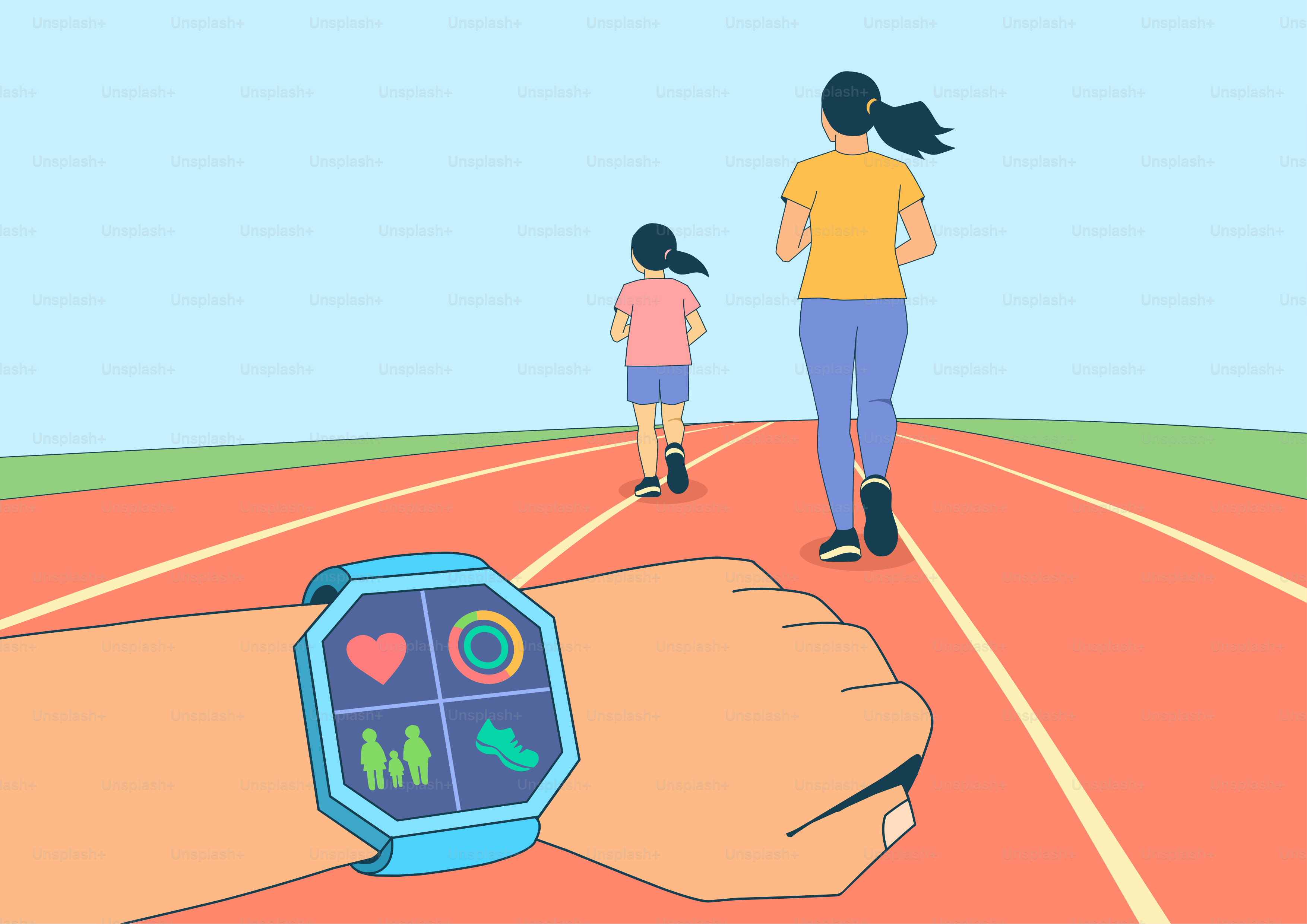 Mujer y niño corriendo en una pista, reloj inteligente visible.