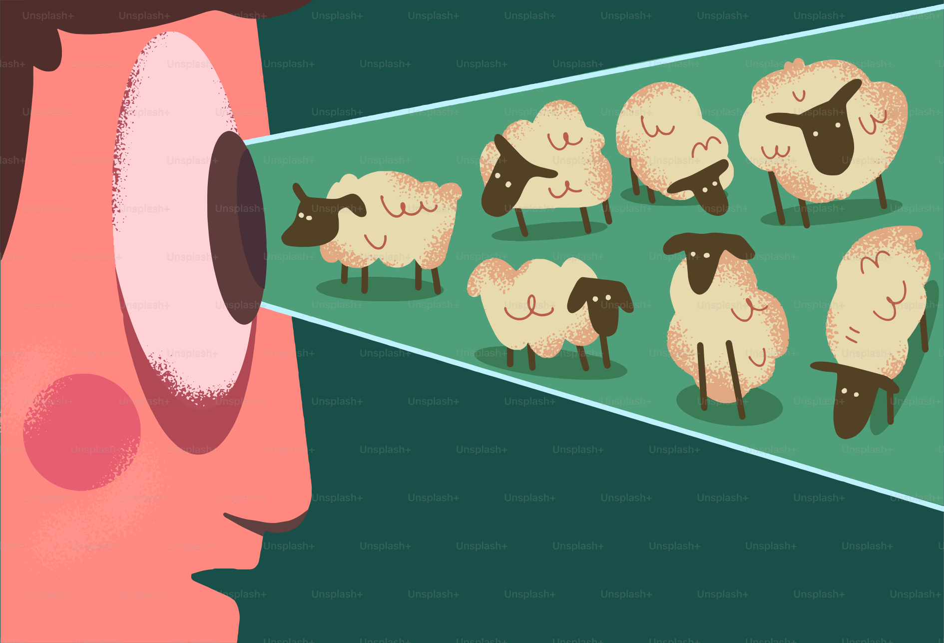 Man's eye sees a flock of sheep