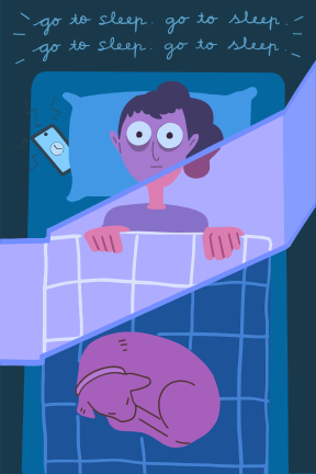 猫が安らかに眠っているのに、女性は眠れません。