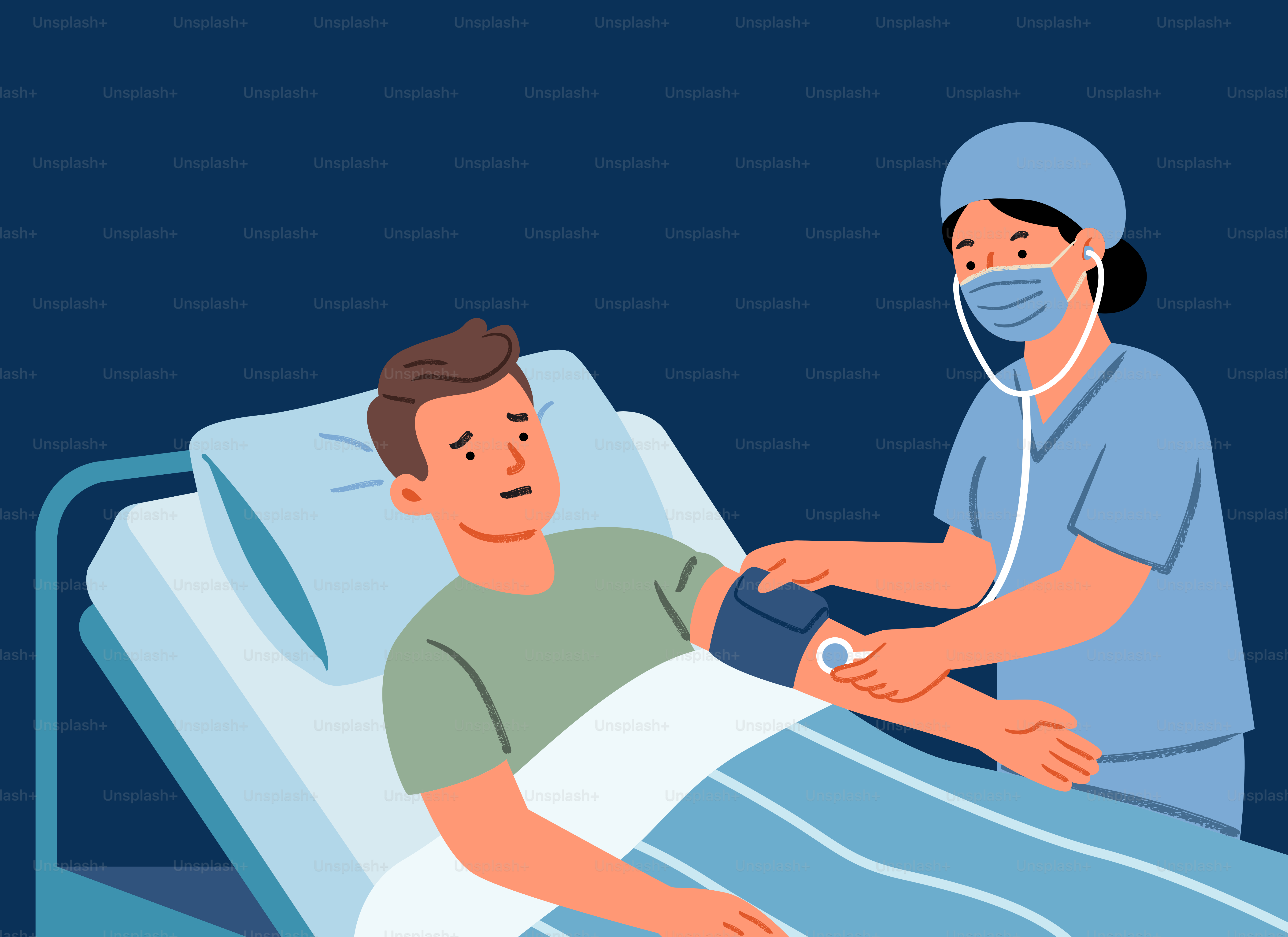 Nurse checks patient's blood pressure in hospital bed