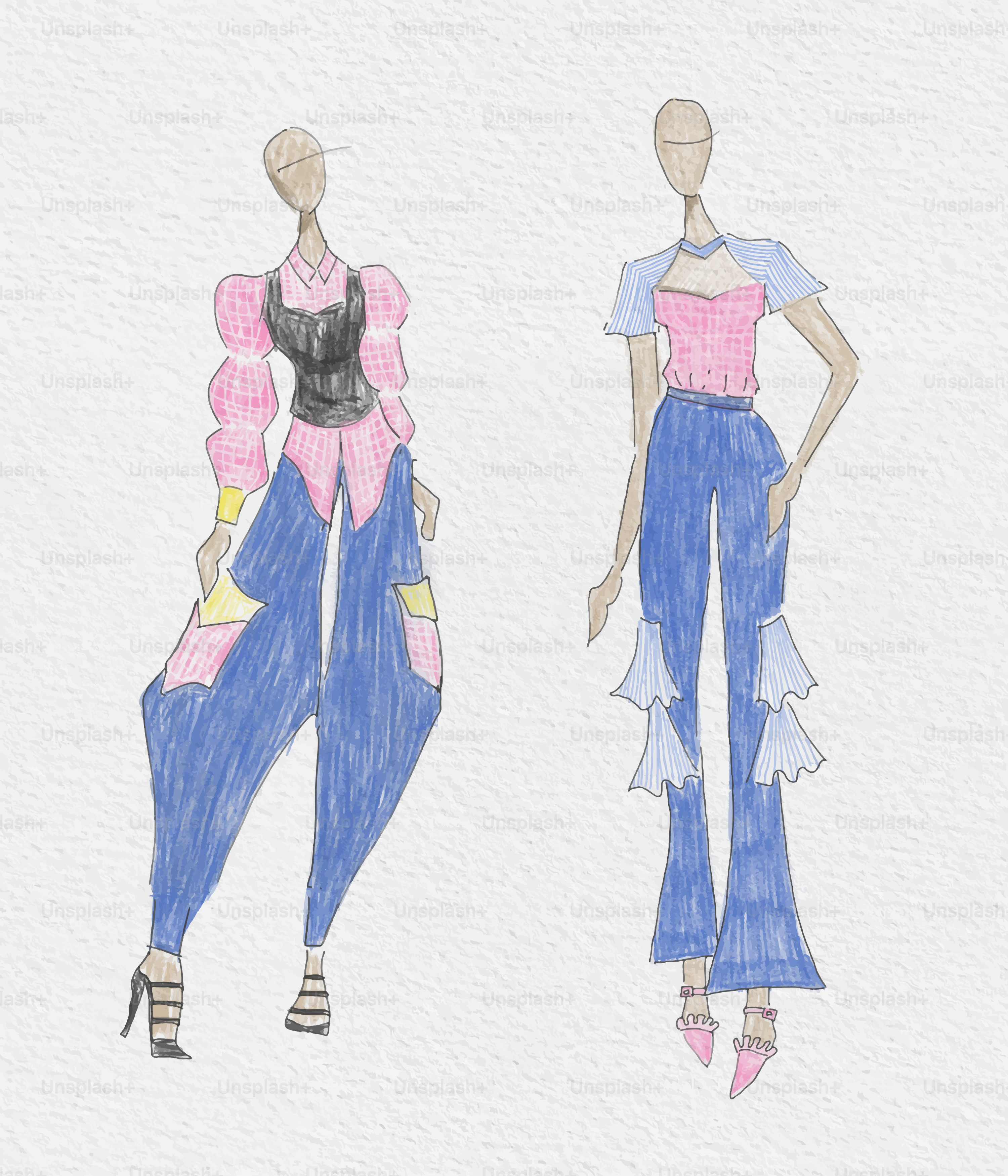 Zwei Modeskizzen weiblicher Figuren in farbenfrohen, stilisierten Outfits.