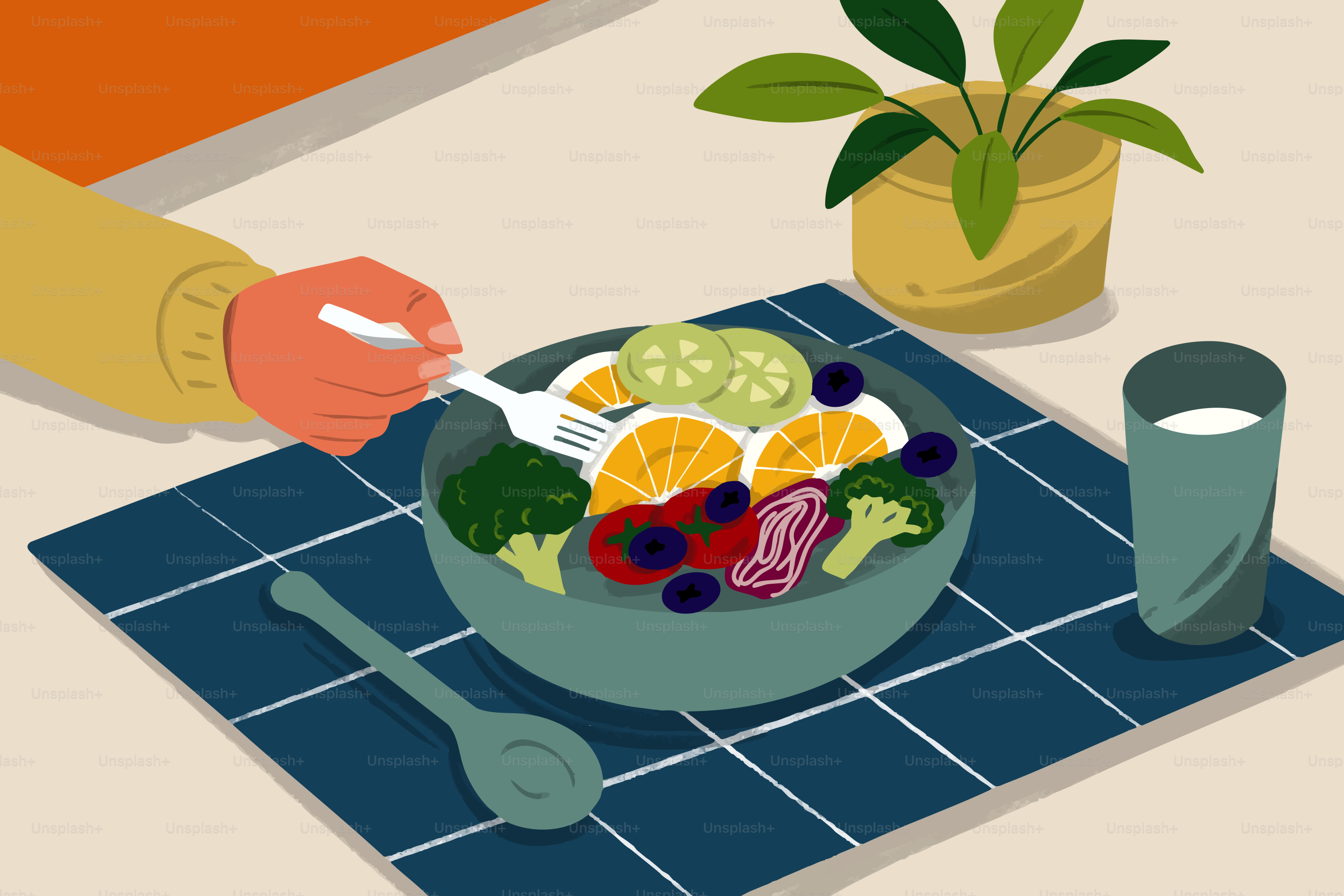 Person, die einen gesunden Salat mit Obst und Gemüse isst.