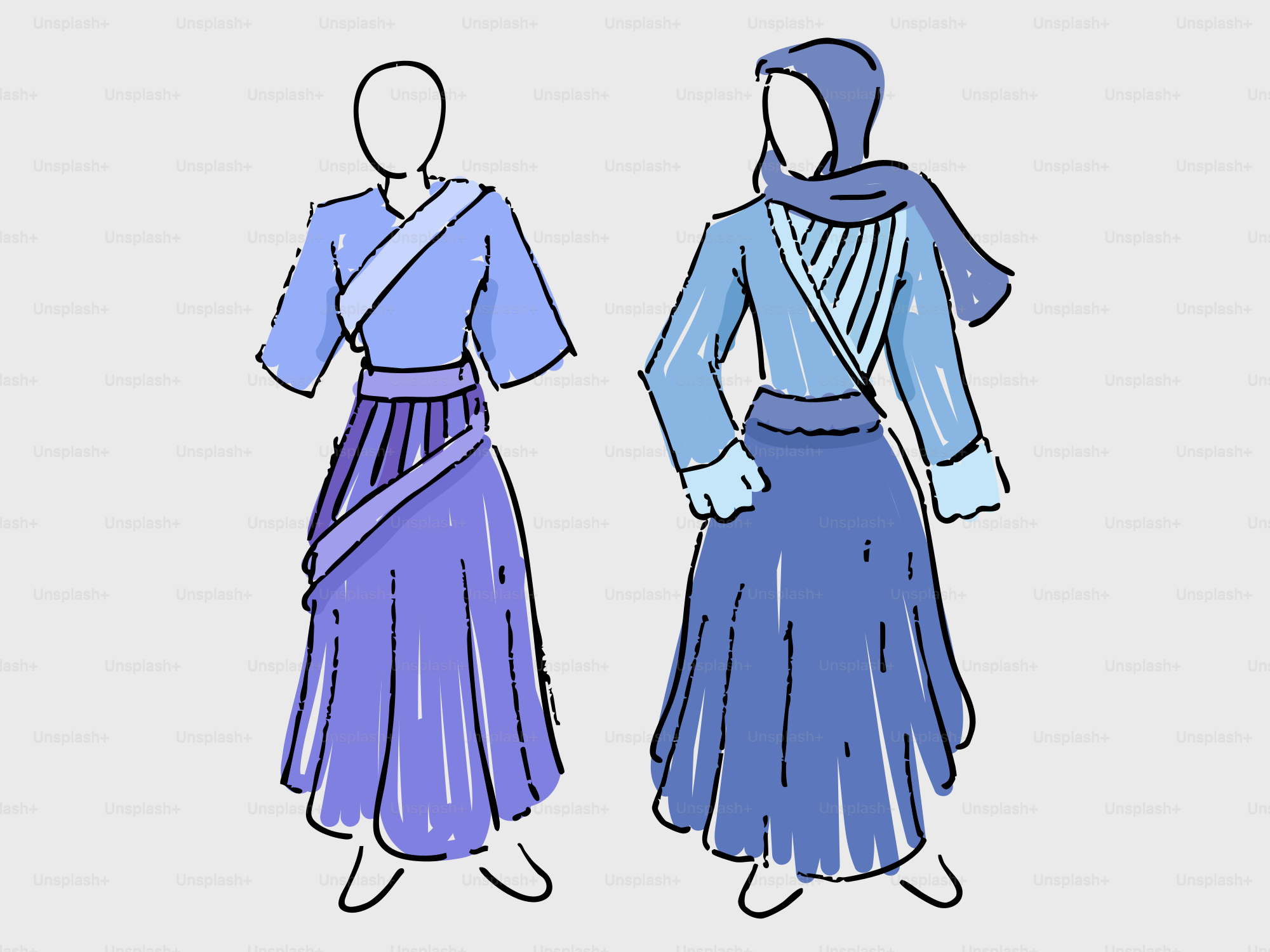 Dua sosok bergaya mengenakan pakaian tradisional biru dan ungu.