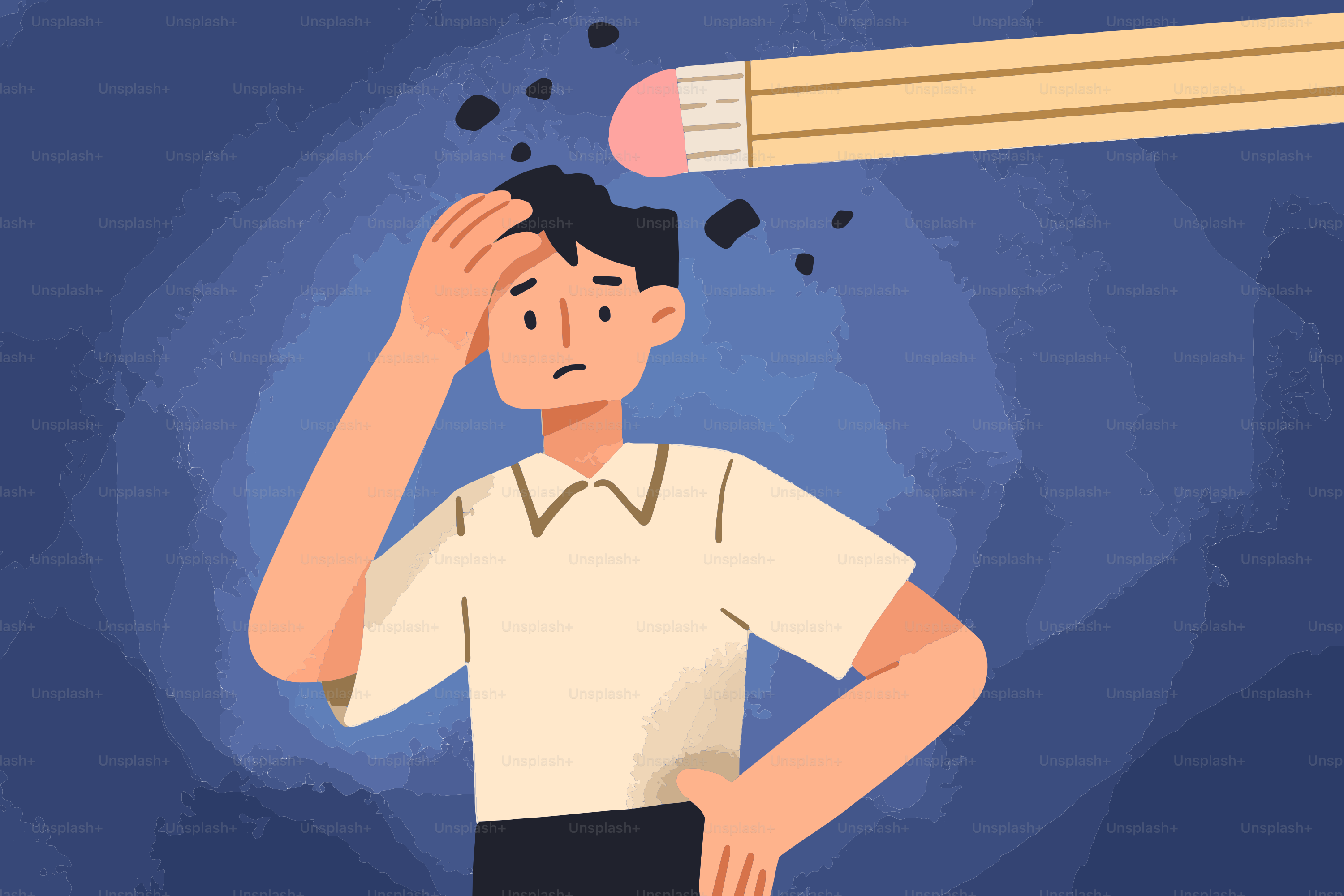 Homme tenant la tête alors que la gomme efface les pensées