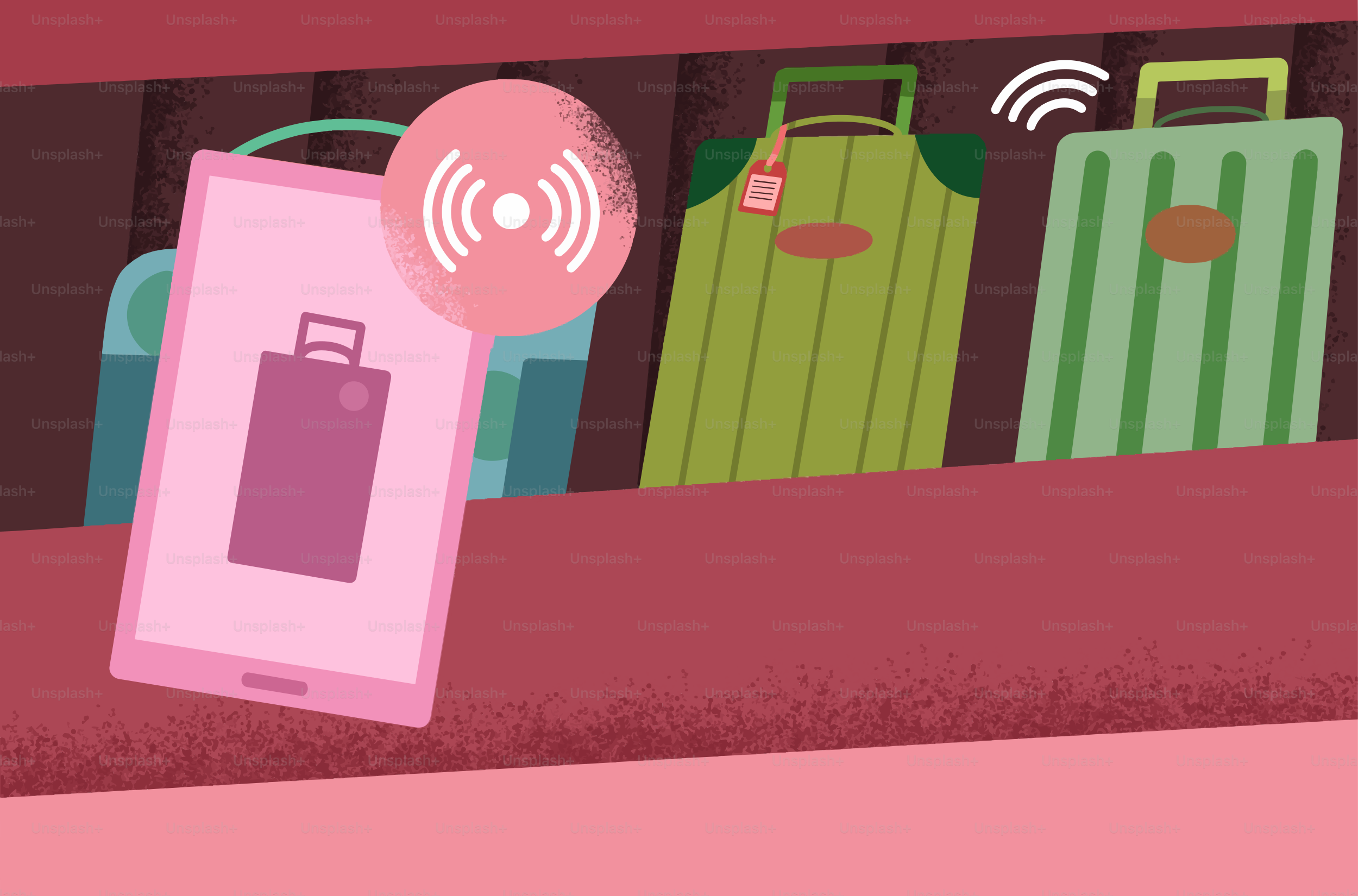 Il tablet rosa mostra un'icona di borsa della spesa con onde di segnale.