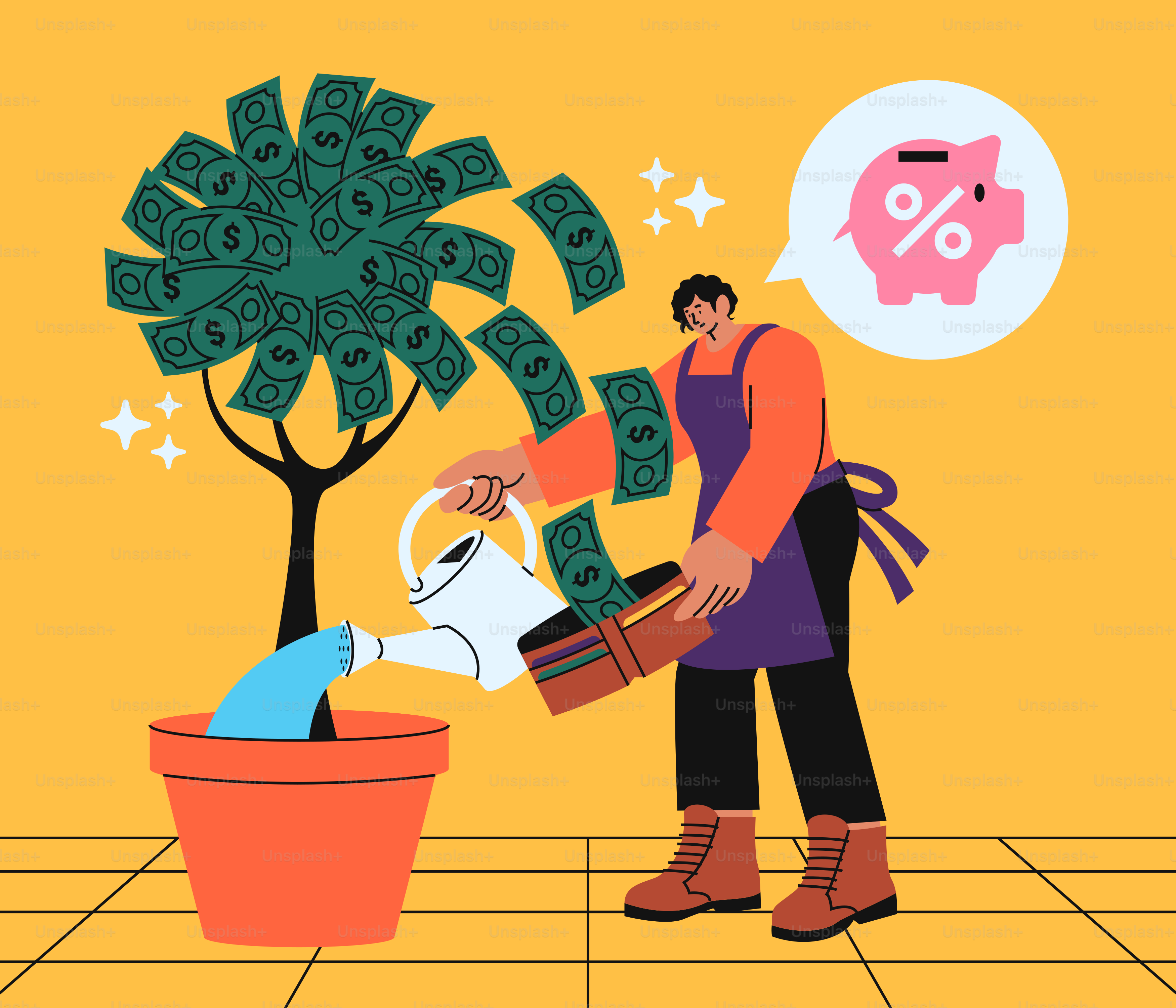 Man watering money tree with coins and piggy bank vector  Money Image on  Unsplash