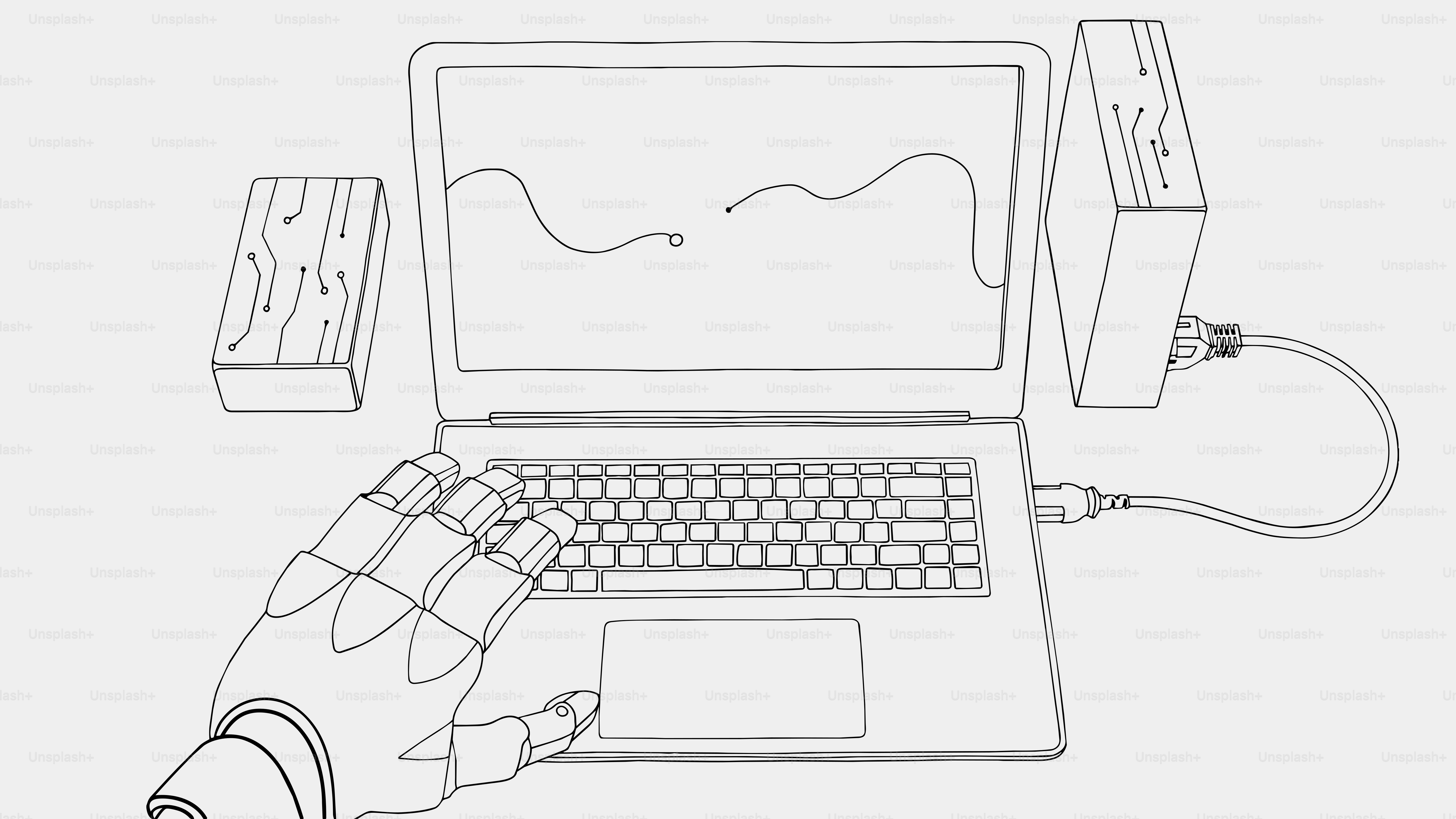 Taper à la main robotisée sur un ordinateur portable connecté à un disque dur externe