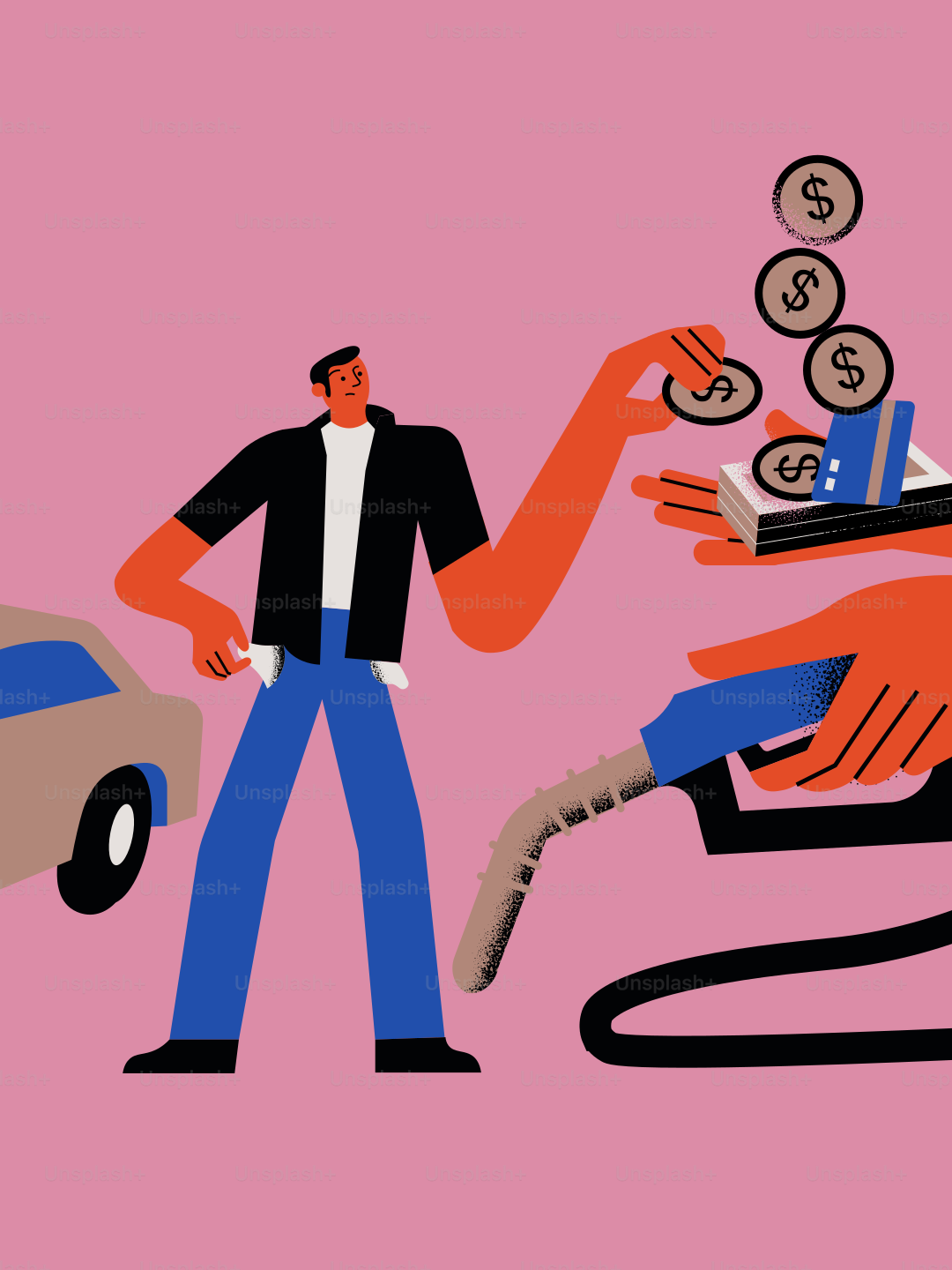 Man paying for gas with coins and credit card