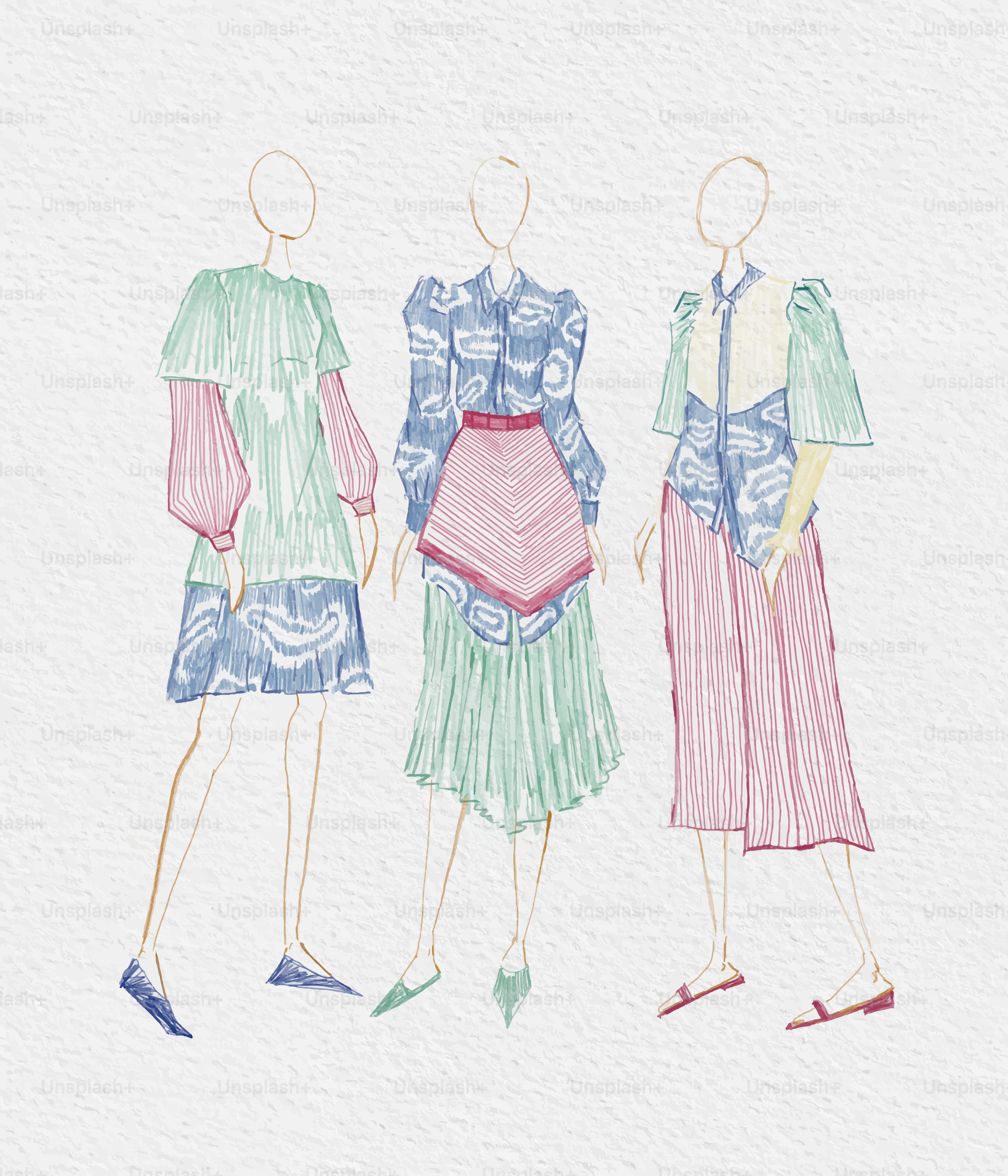 Drei Mode-Skizzen von Frauen in farbenfrohen Outfits