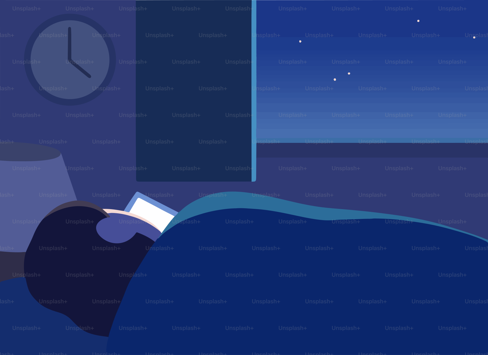 Pessoa na cama usando o celular à noite sob céu estrelado.