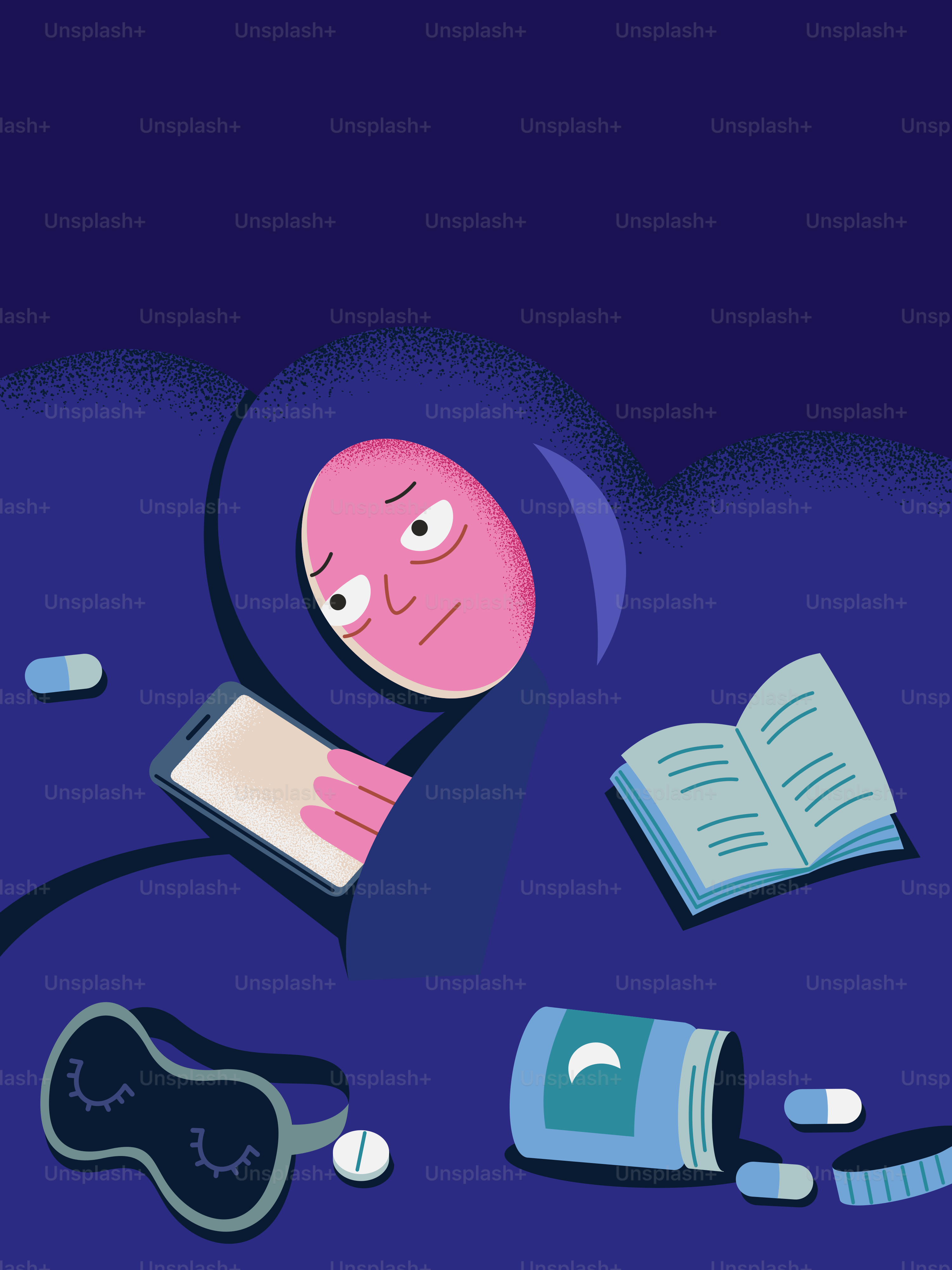 Personne ayant du mal à dormir avec son téléphone et des pilules
