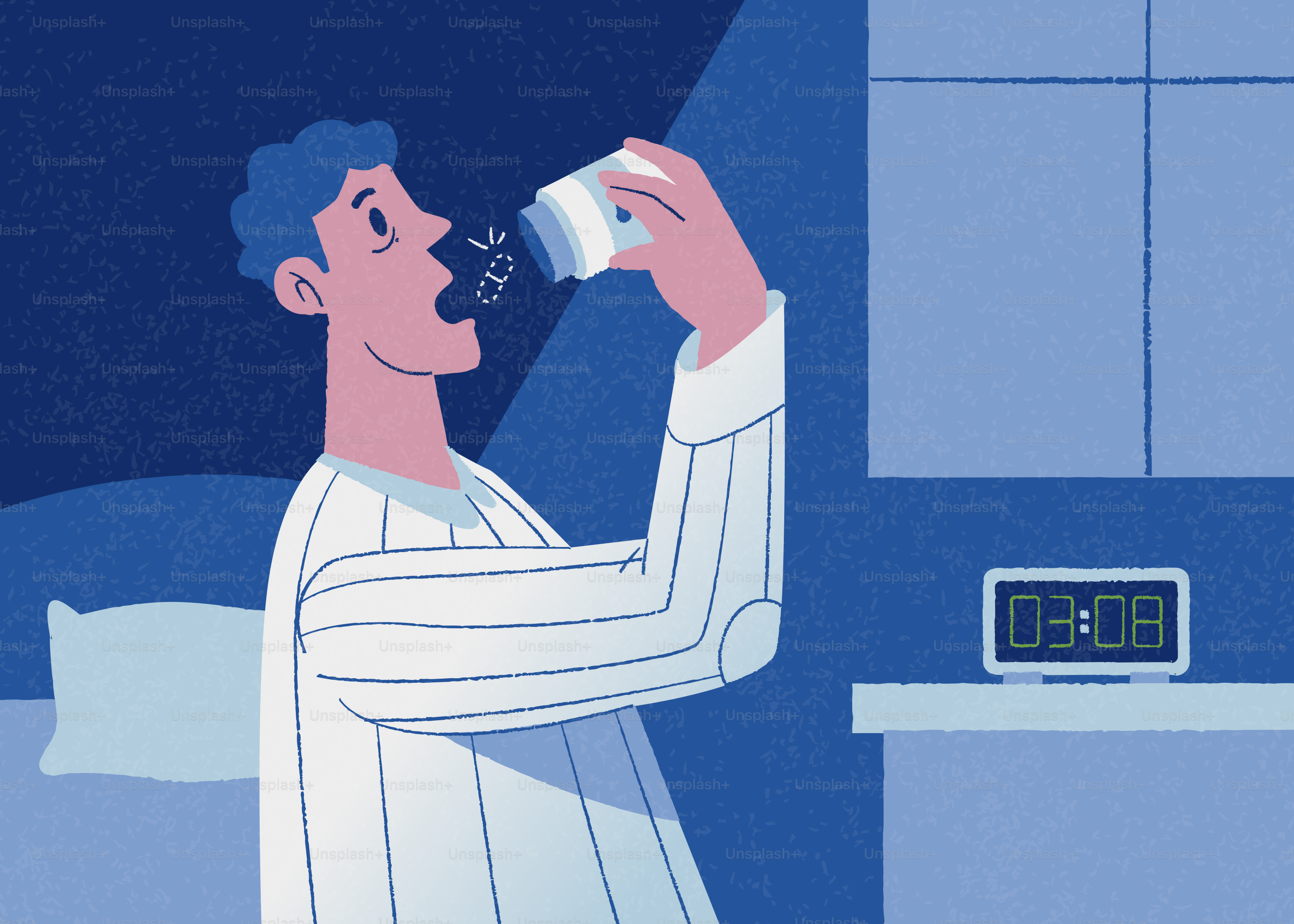 Man taking pills from a bottle late at night.