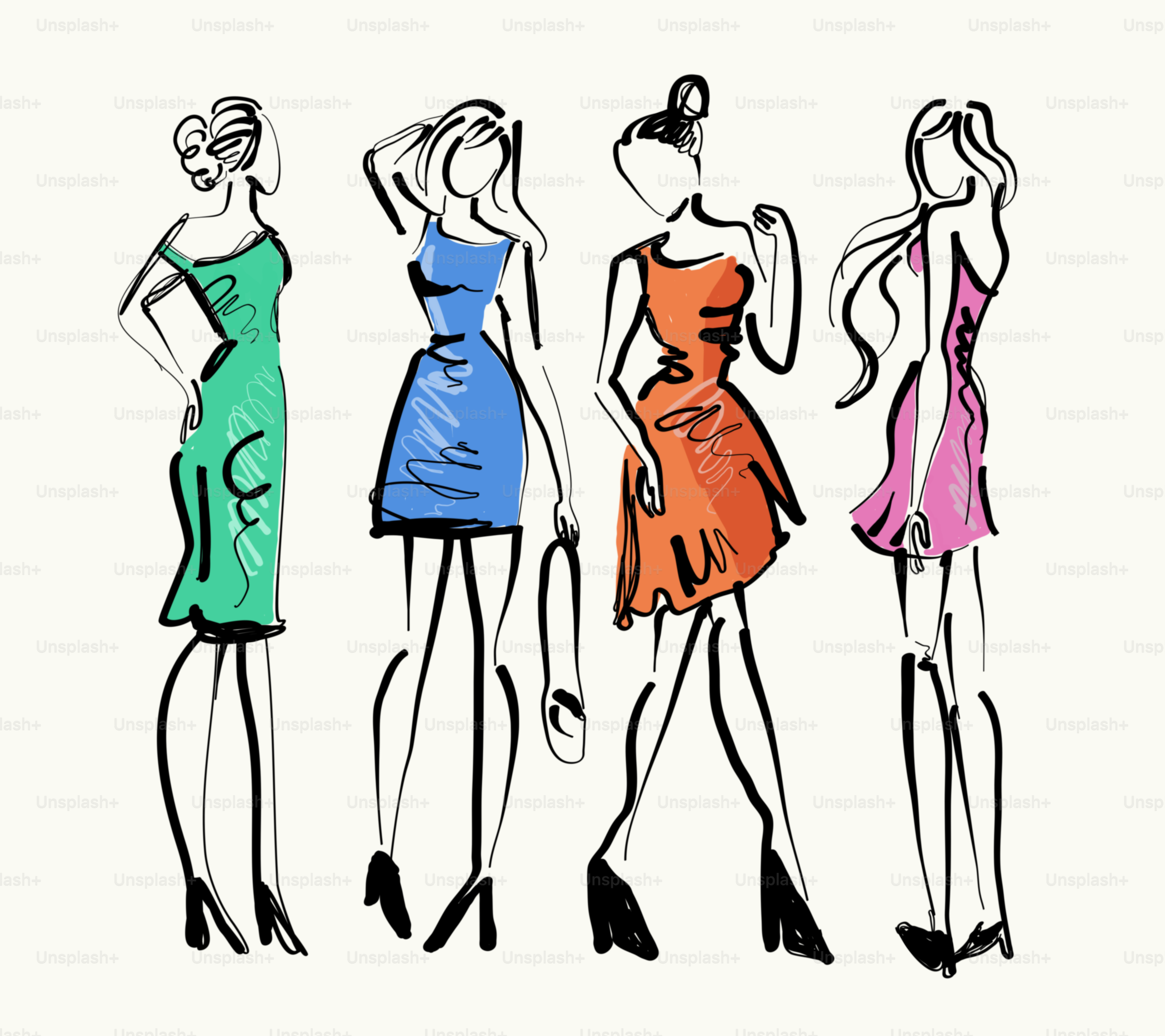 Cuatro bocetos estilizados de mujeres con vestidos coloridos.