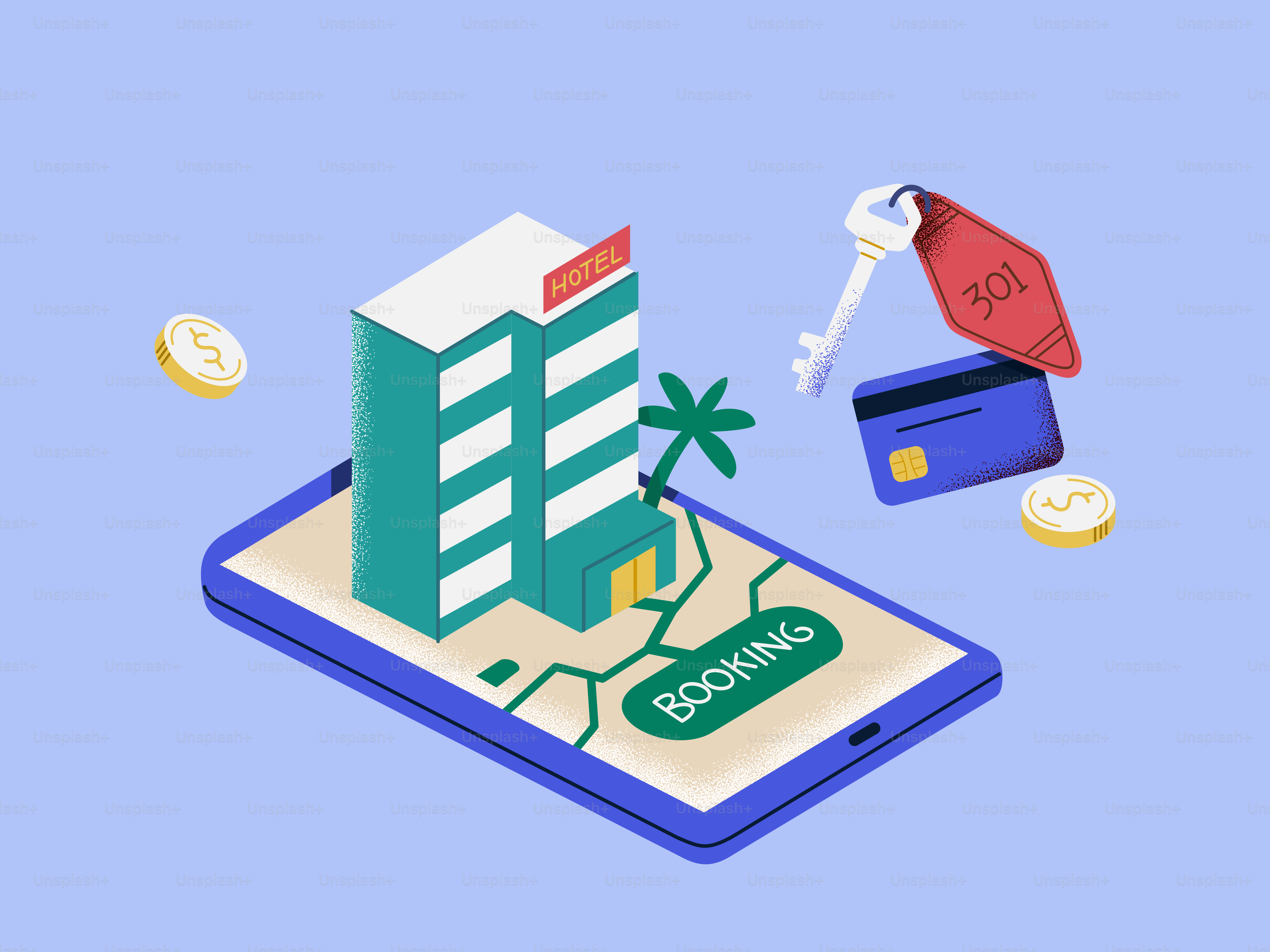 Réservation d’hôtel sur smartphone avec carte bancaire et clés