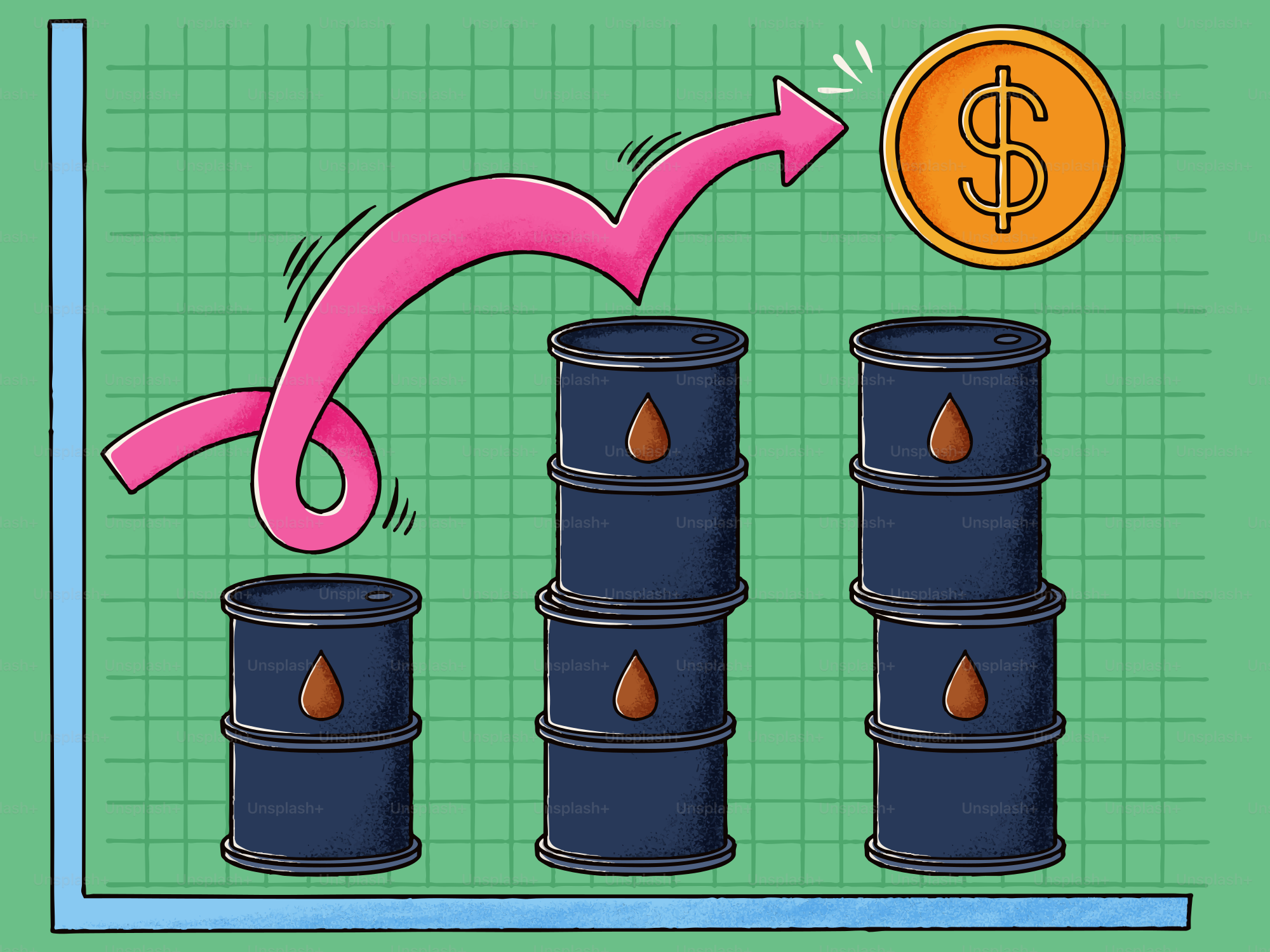 Oil barrels stacked with rising arrow and coin.