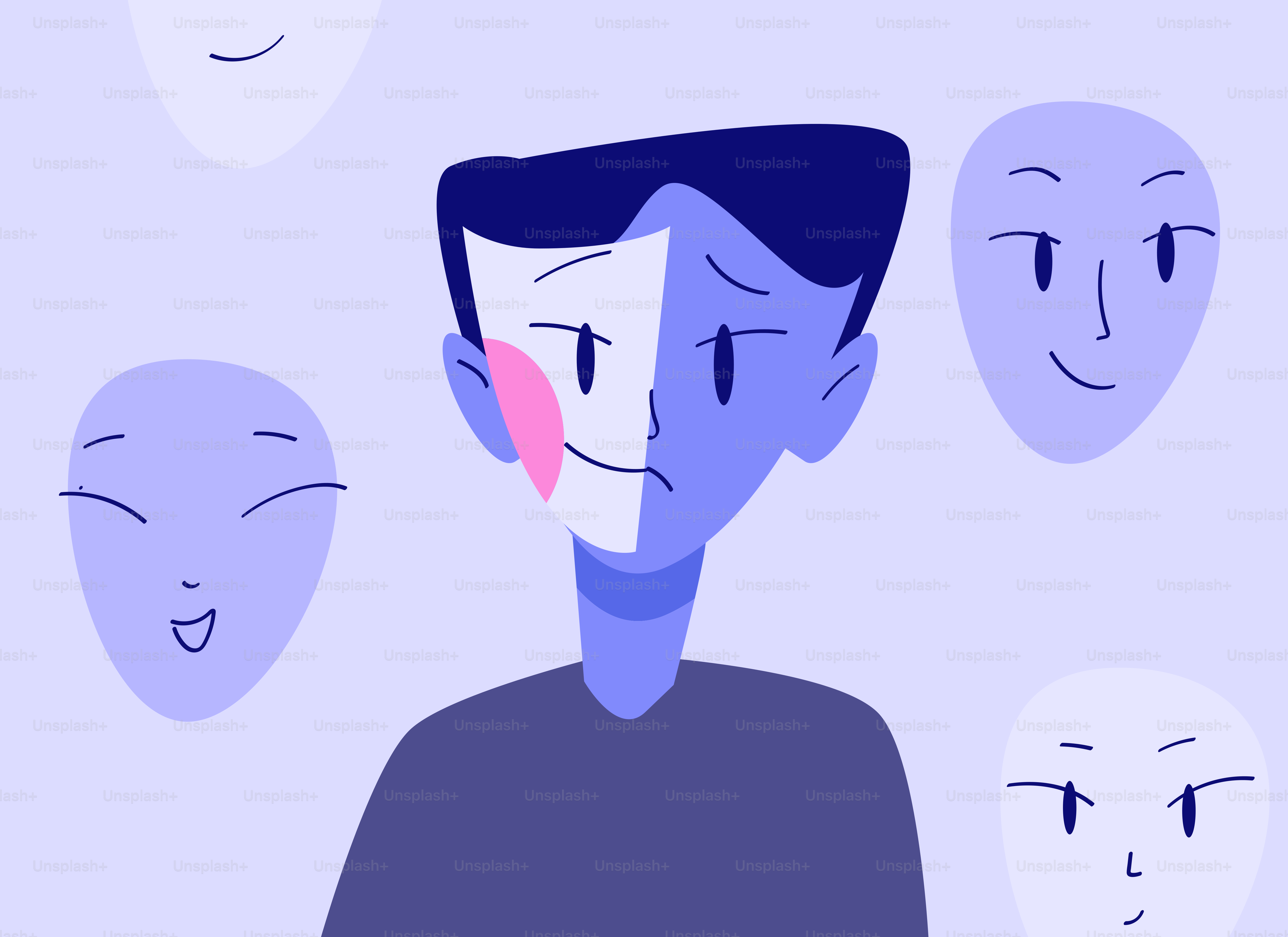 Homem usando uma máscara com emoções mistas