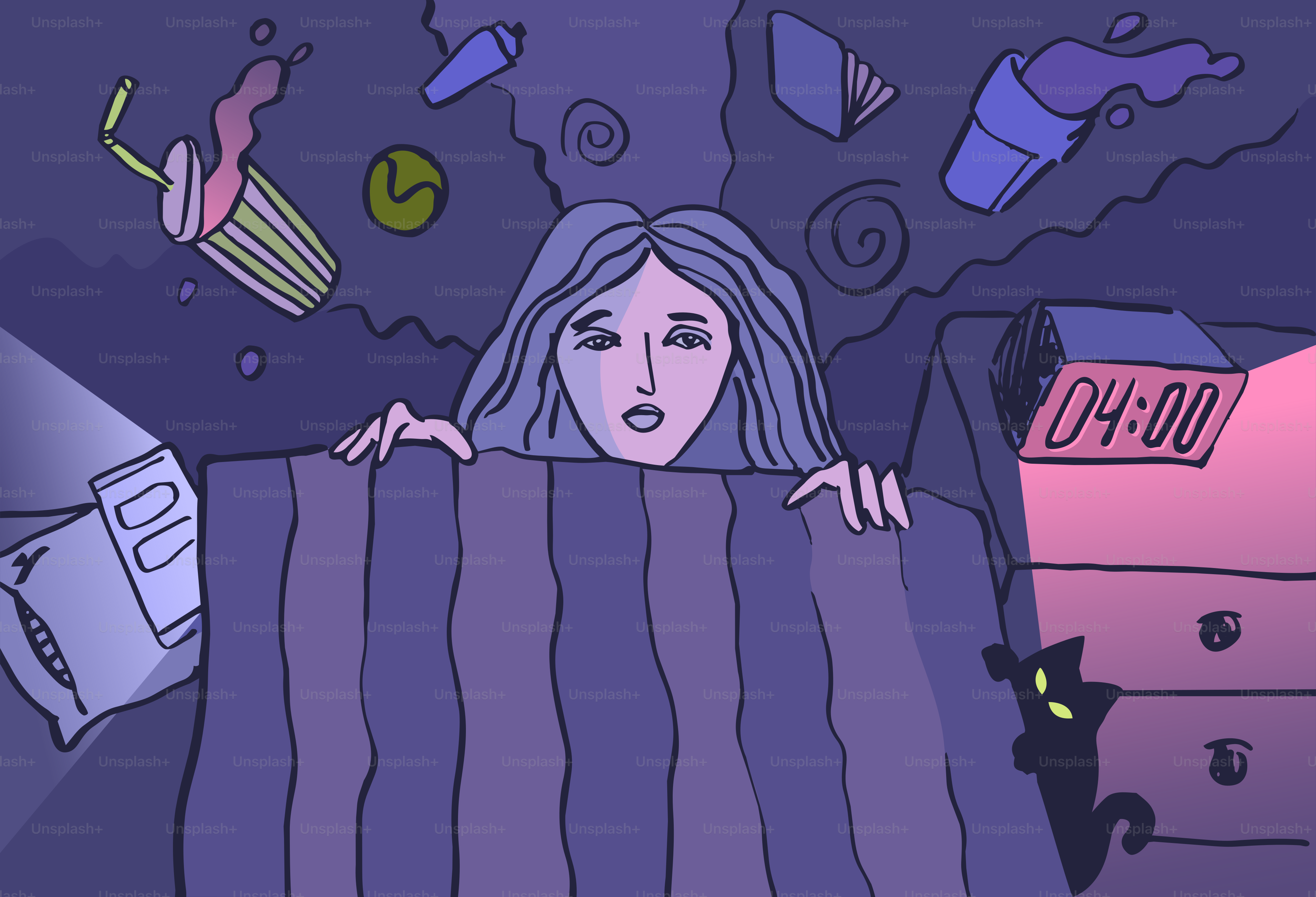 Mulher acordada na cama com pensamentos e objetos girando