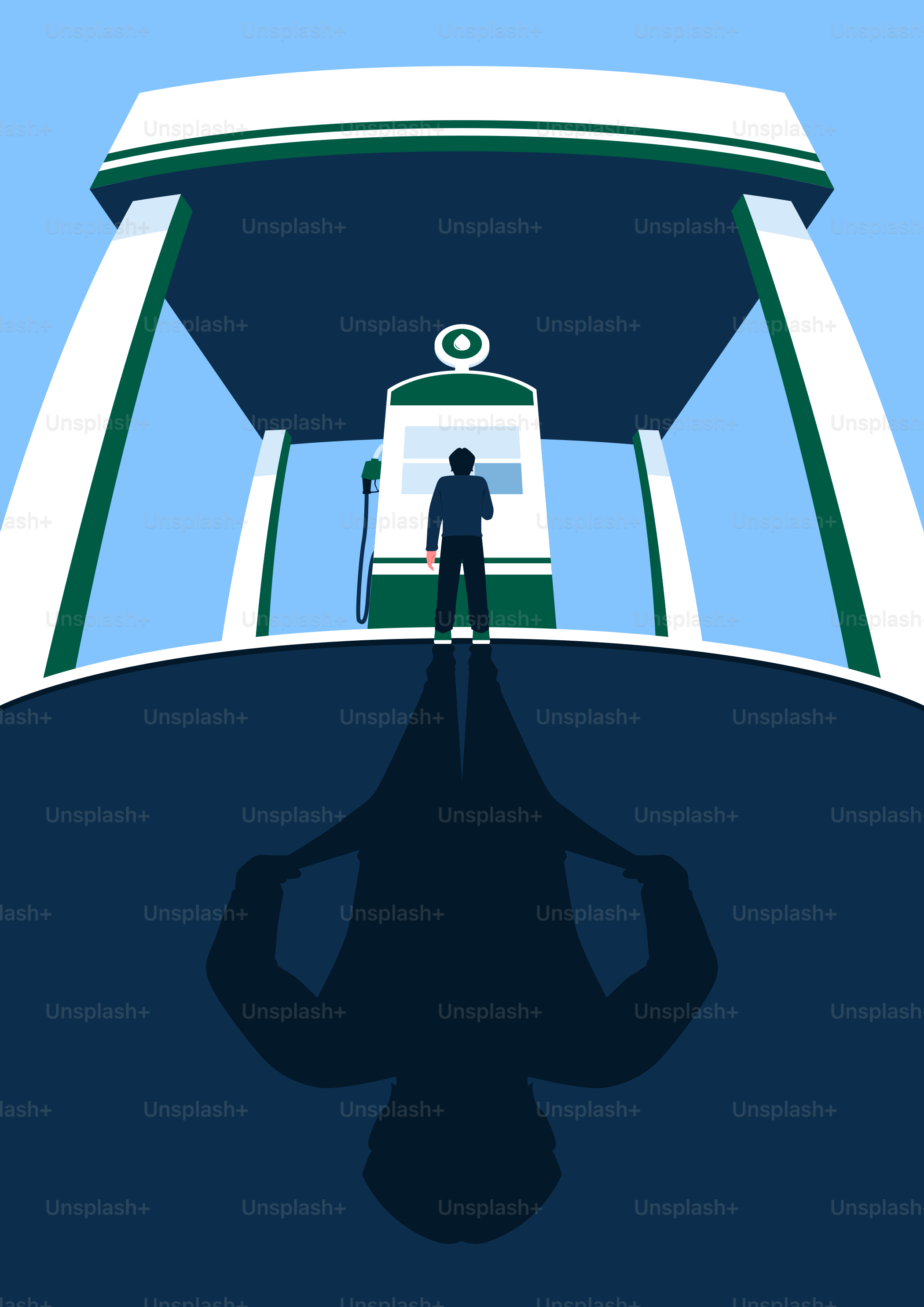 Homme à la pompe de la station-service avec une longue ombre.