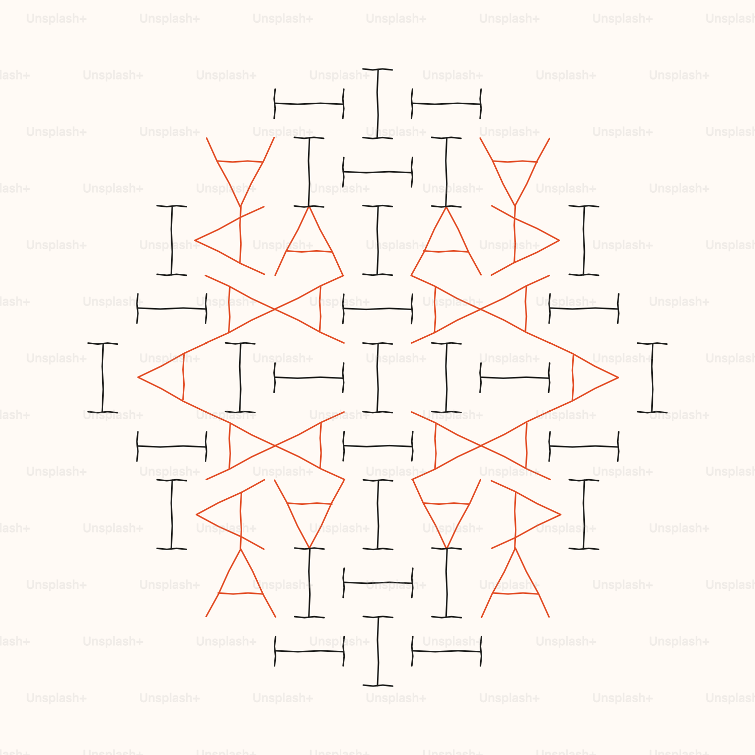 Un motivo geometrico simmetrico con linee rosse e grigie.