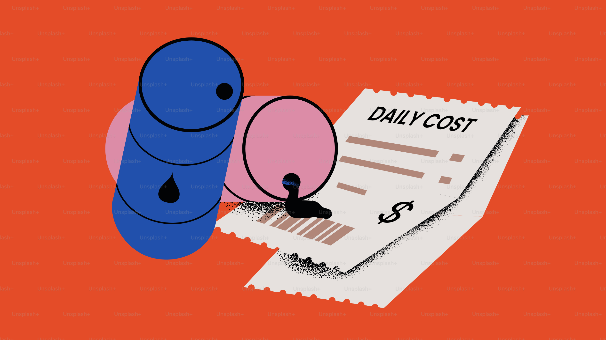Oil barrels and receipt on orange background