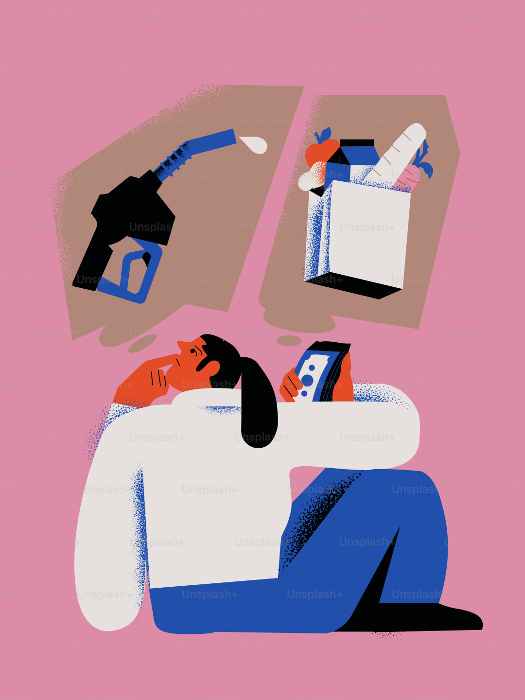 Wanita memikirkan harga bensin dan bahan makanan