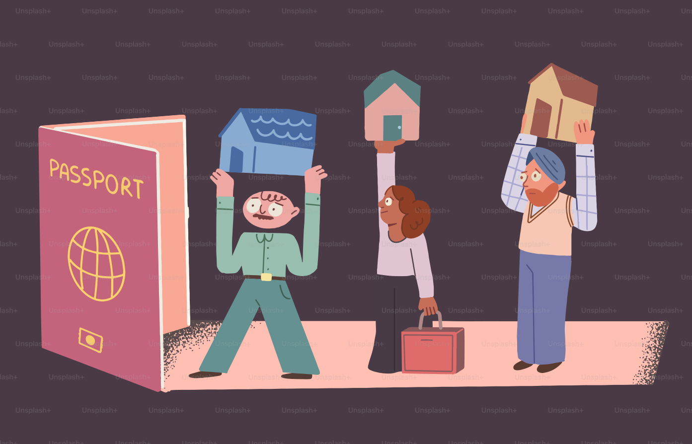 La gente mantiene casas cerca del pasaporte, simbolizando la reubicación.