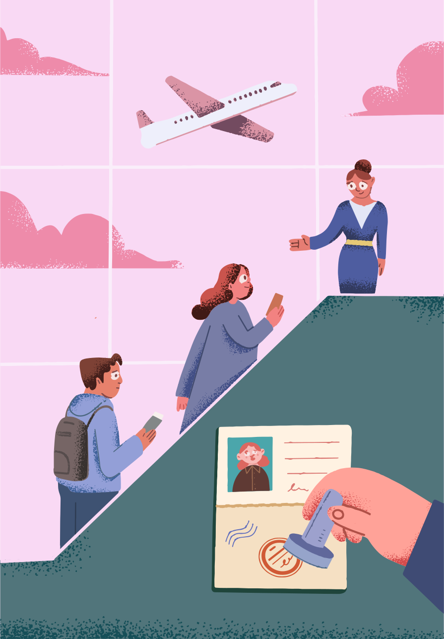 Personas que embarcan tras el control del pasaporte