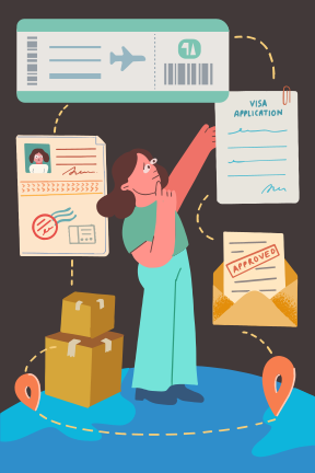 Mujer que planea viajar al extranjero con documentos y equipaje.
