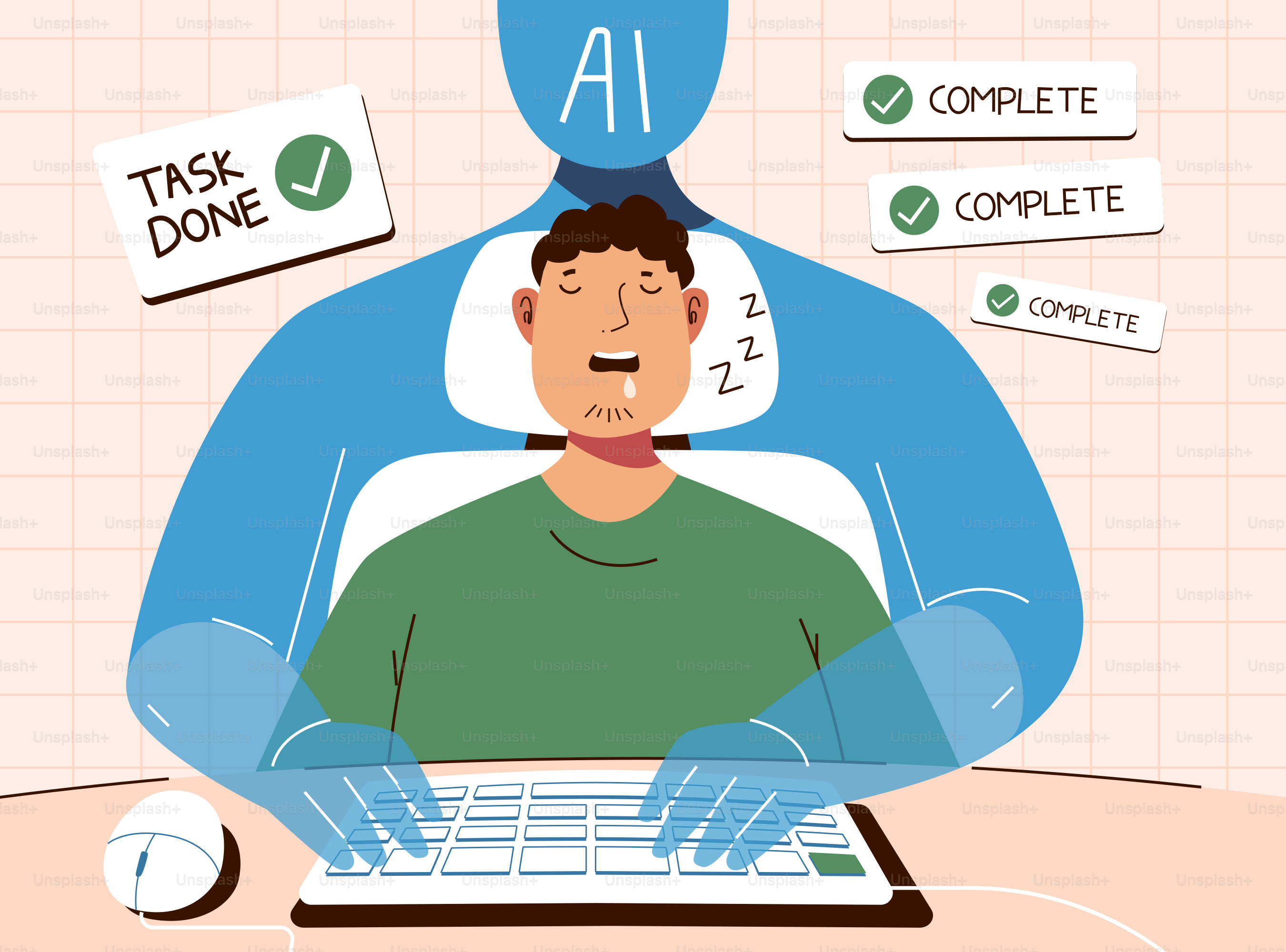 L'IA completa i compiti mentre la persona dorme alla tastiera.