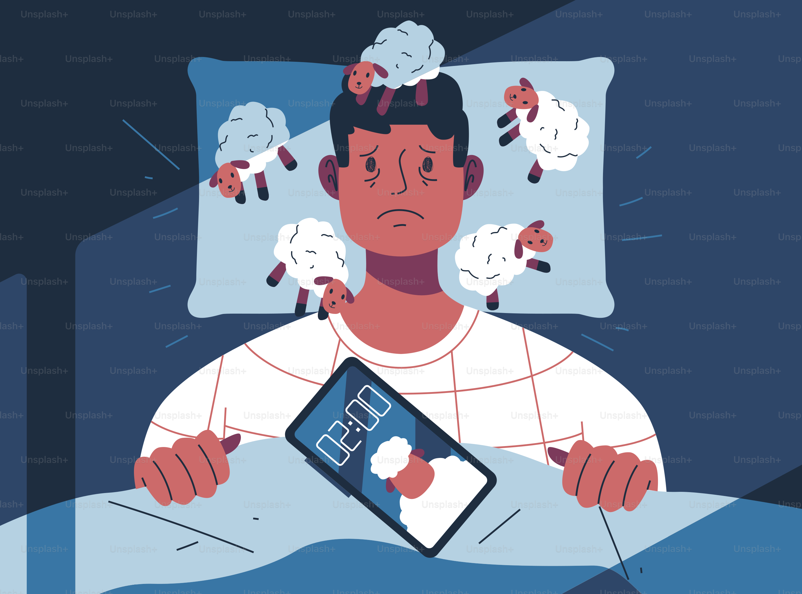 Un uomo stanco a letto che conta pecore, lottando contro l'insonnia.