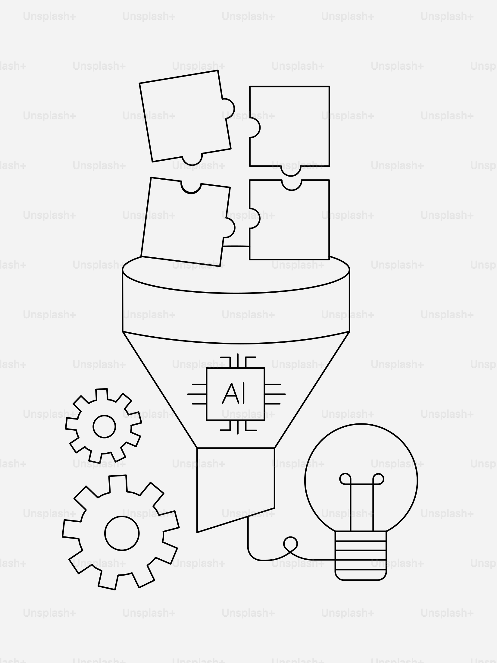 Puzzle pieces feeding into ai funnel with lightbulb