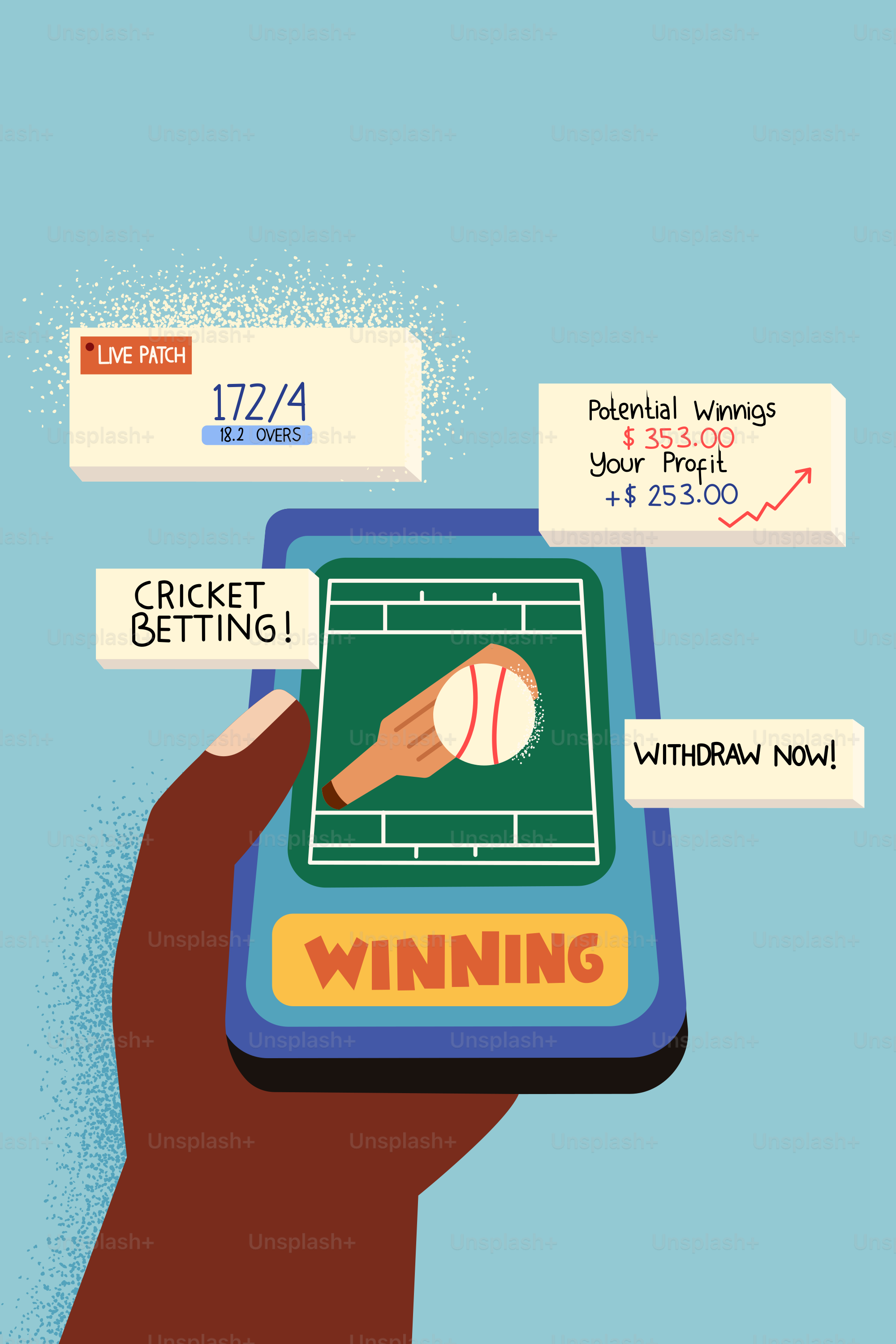Téléphone qui tient la main montrant une application de paris sur le cricket avec des gains potentiels.