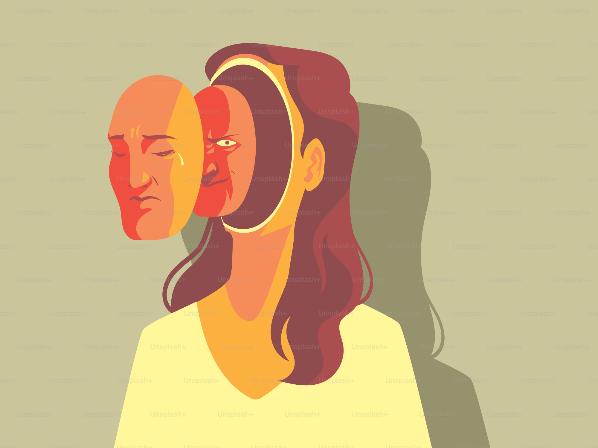Woman revealing an angry face beneath a sad mask.