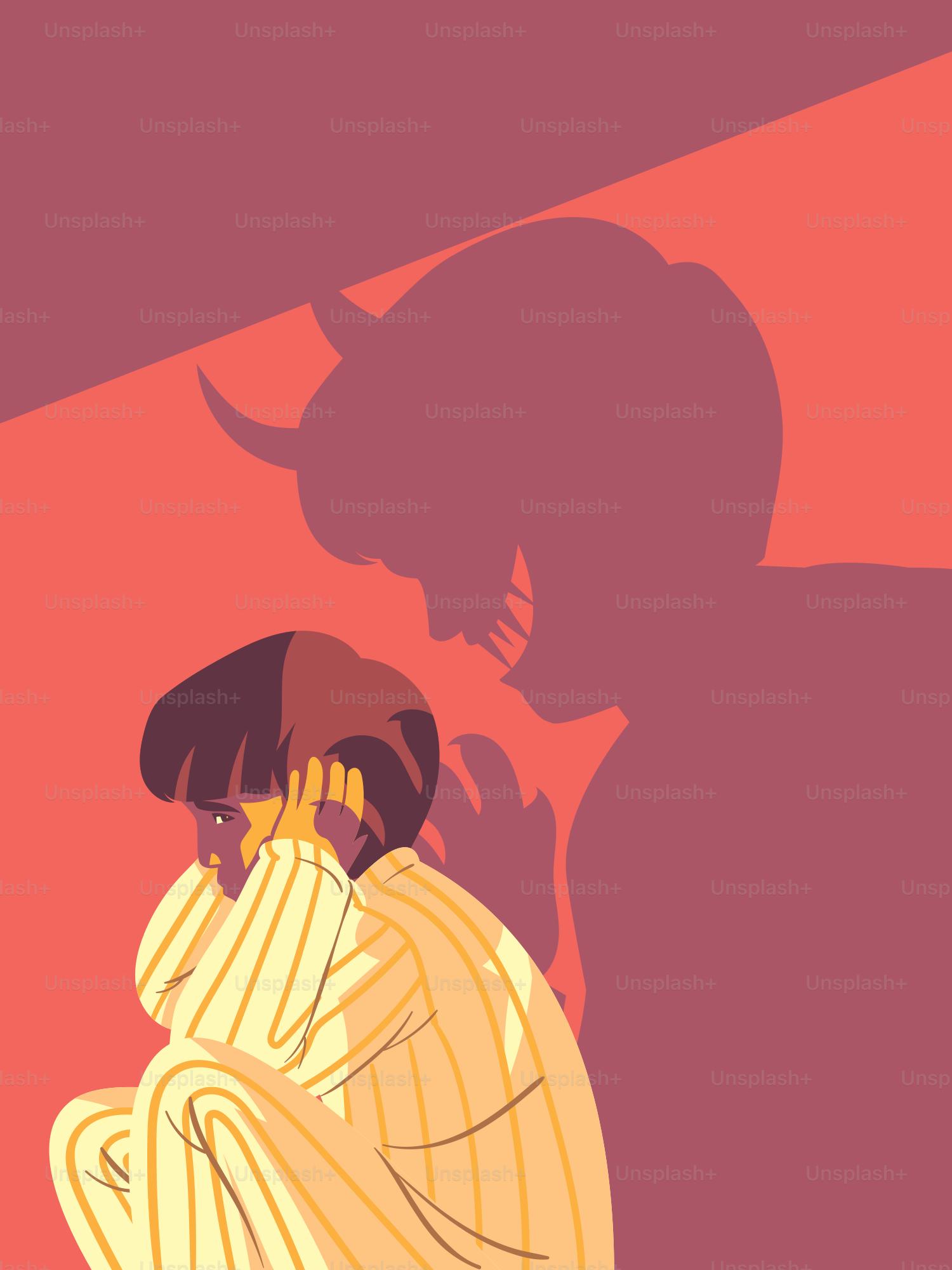 A child cowering from a menacing demon shadow.