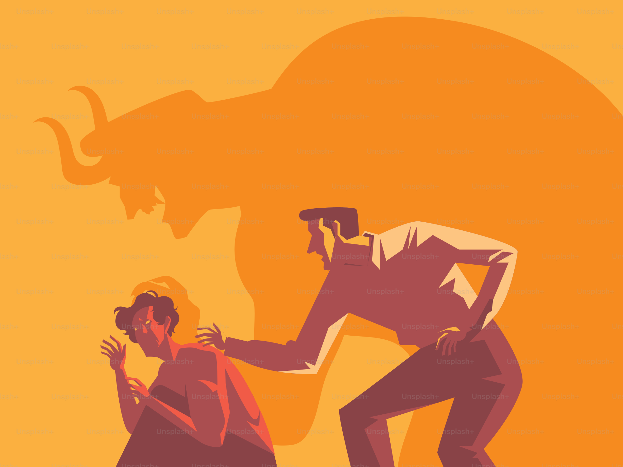 Man intimidating a cowering woman with a monstrous shadow.