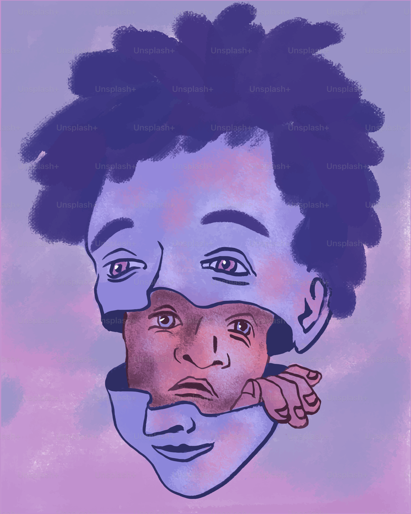 A peeling face reveals a distressed expression underneath. vector ...