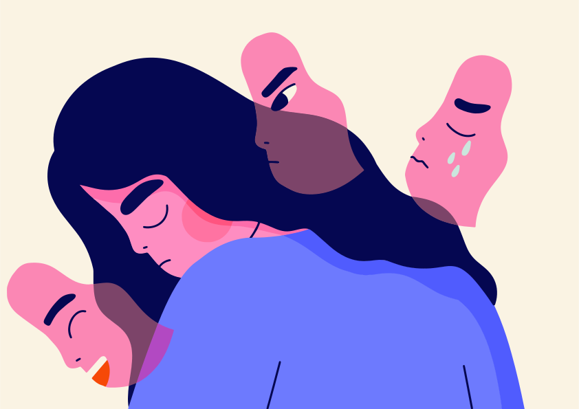 Mujer con múltiples emociones alrededor de su cabeza