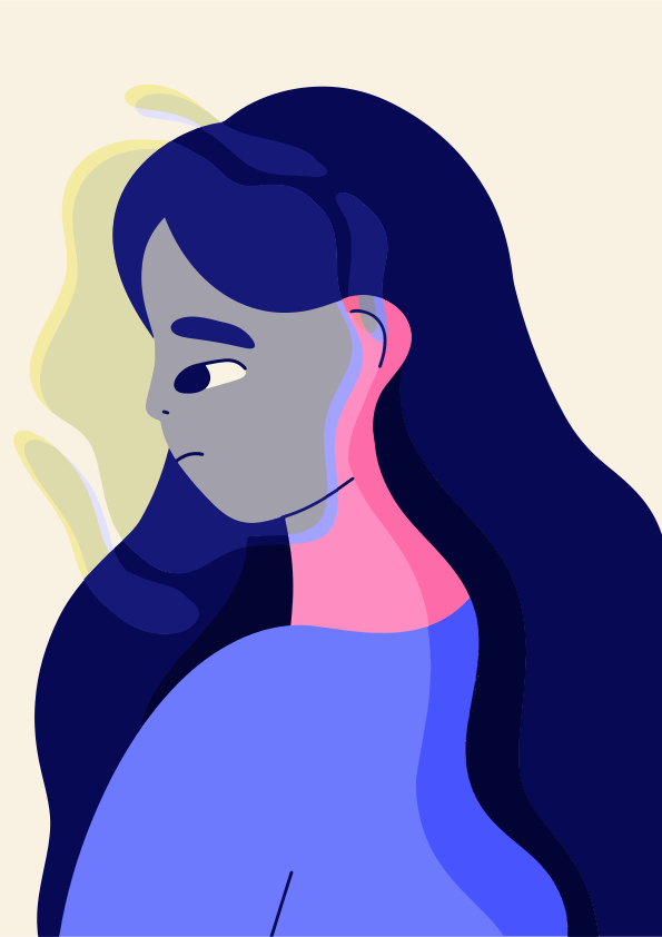 Stylized portrait of a woman with long dark hair.