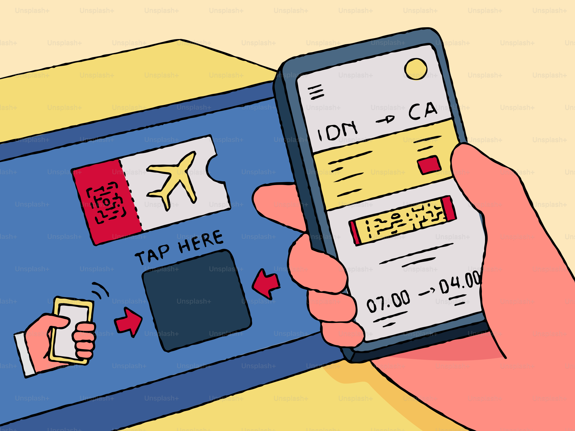 Carta d'imbarco digitale sullo smartphone che interagisce con lo schermo del chiosco aeroportuale.