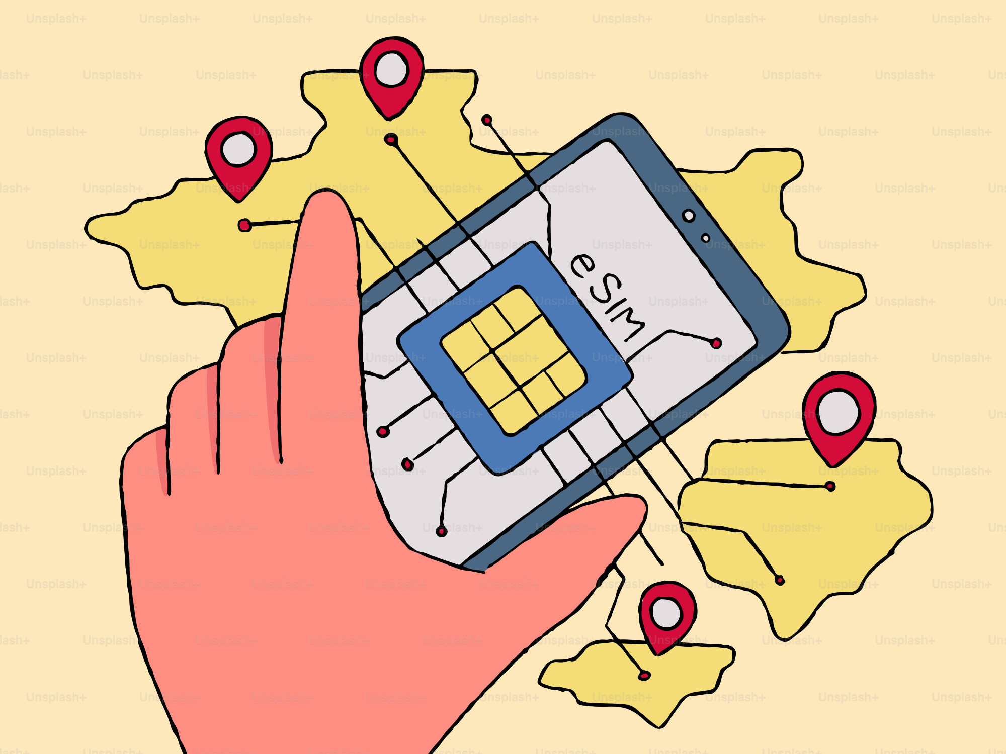 Ponsel pegangan tangan dengan esim yang terhubung ke lokasi peta.