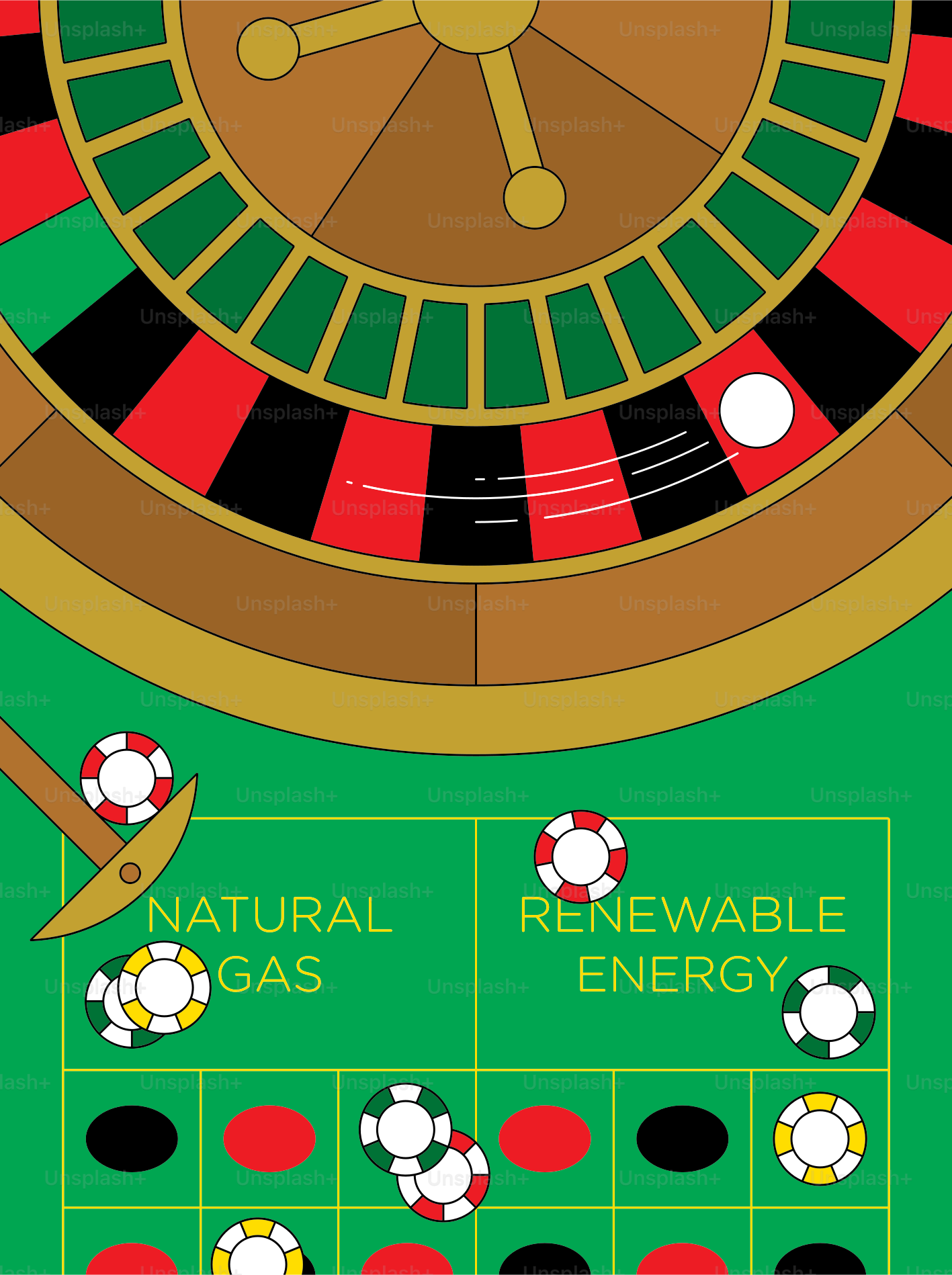 Roda roulette dengan chip pada gas alam dan energi terbarukan