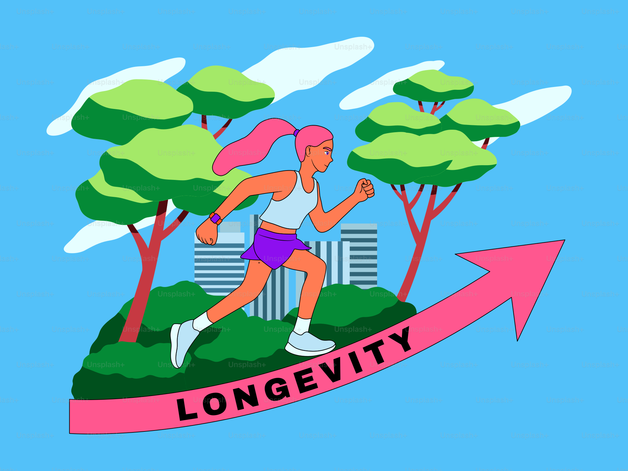 Mujer corriendo con una flecha de "longevidad" con árboles y edificios.