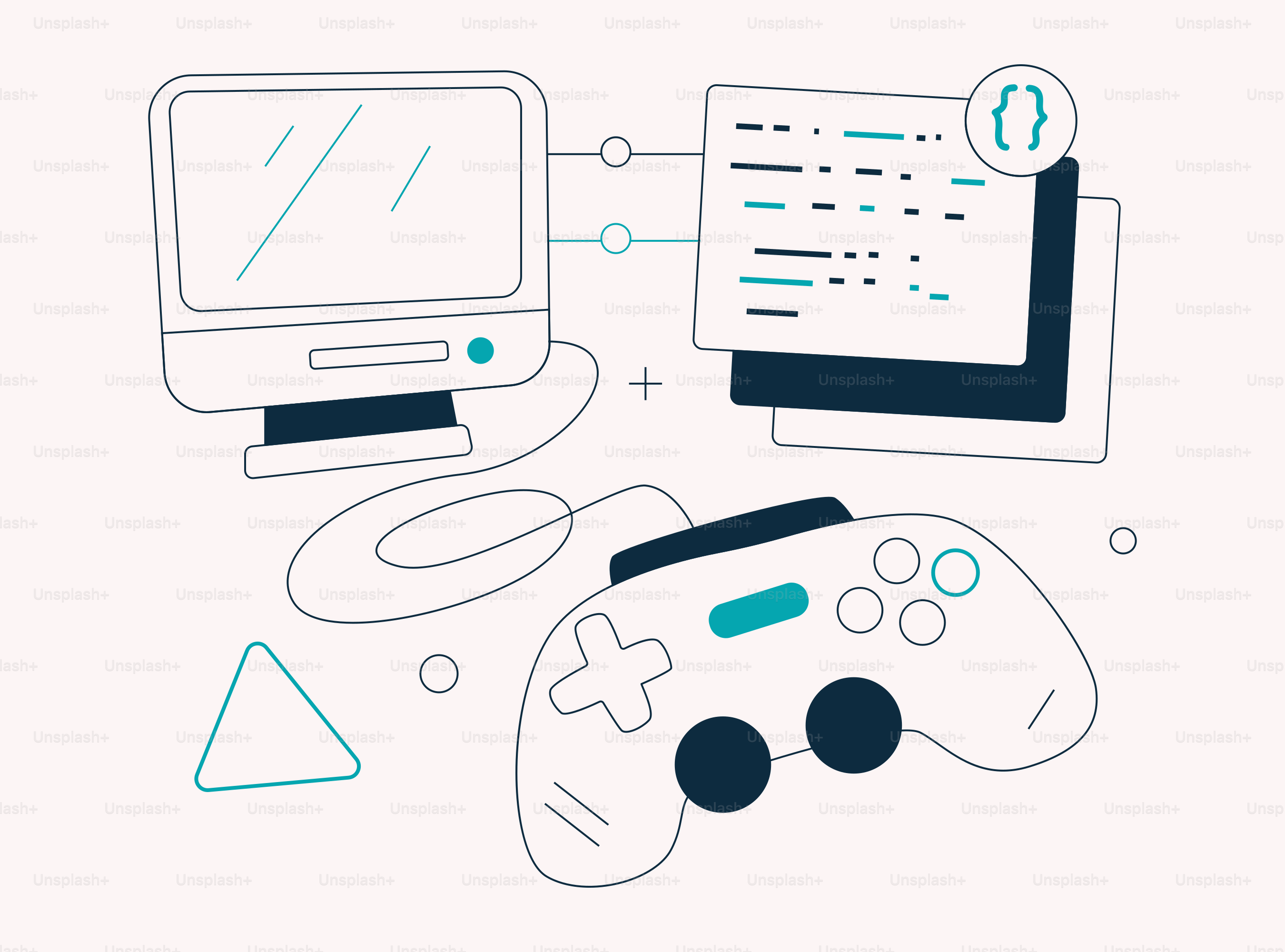 Ilustración de ordenadores, código y mandos de videojuegos