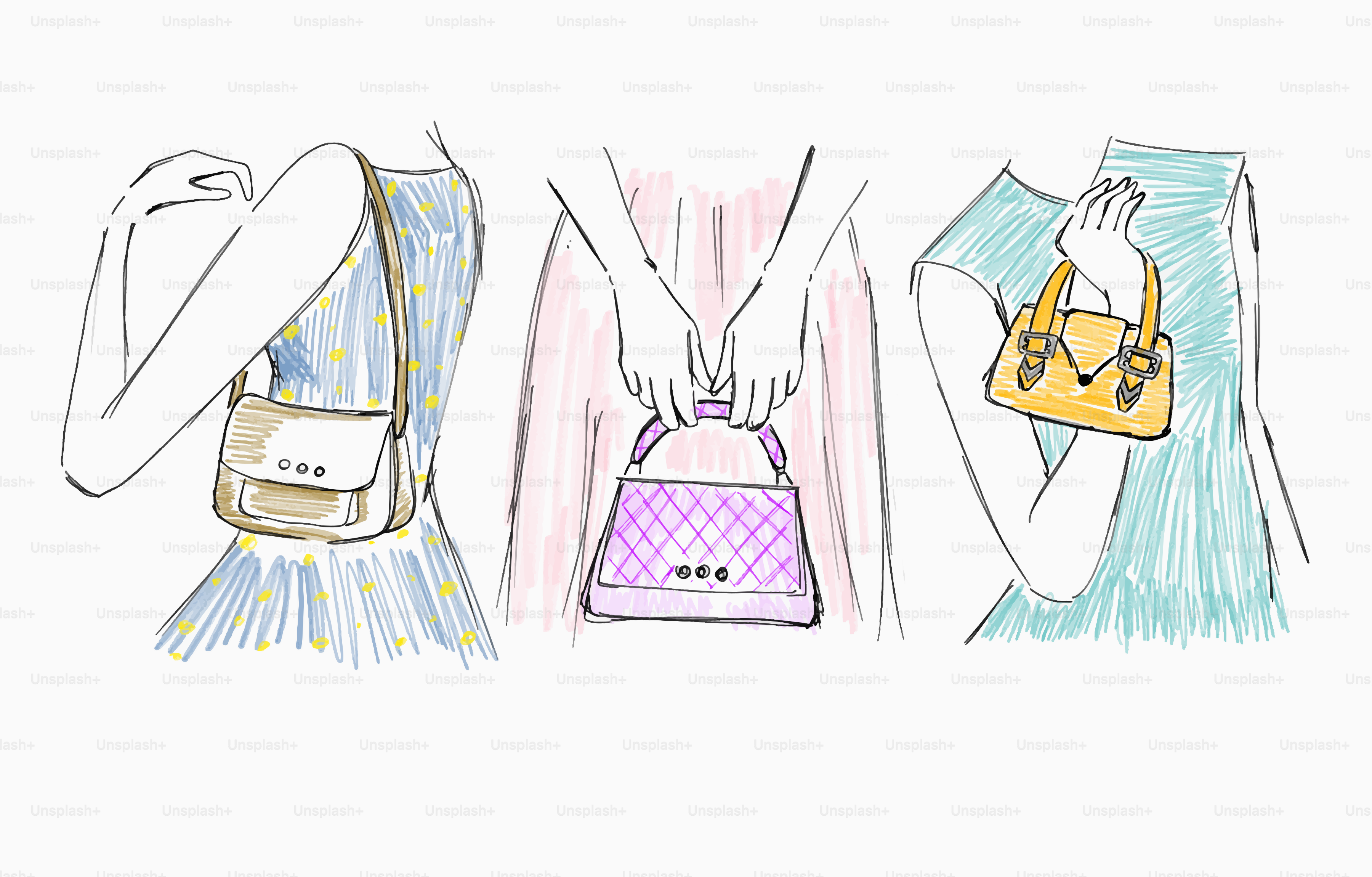 Damenmode-Illustration mit drei stilvollen Handtaschen.