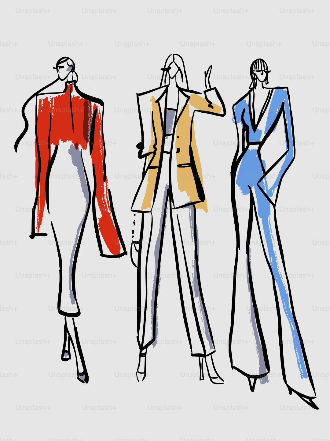 Três ilustrações de moda de mulheres com roupas estilosas