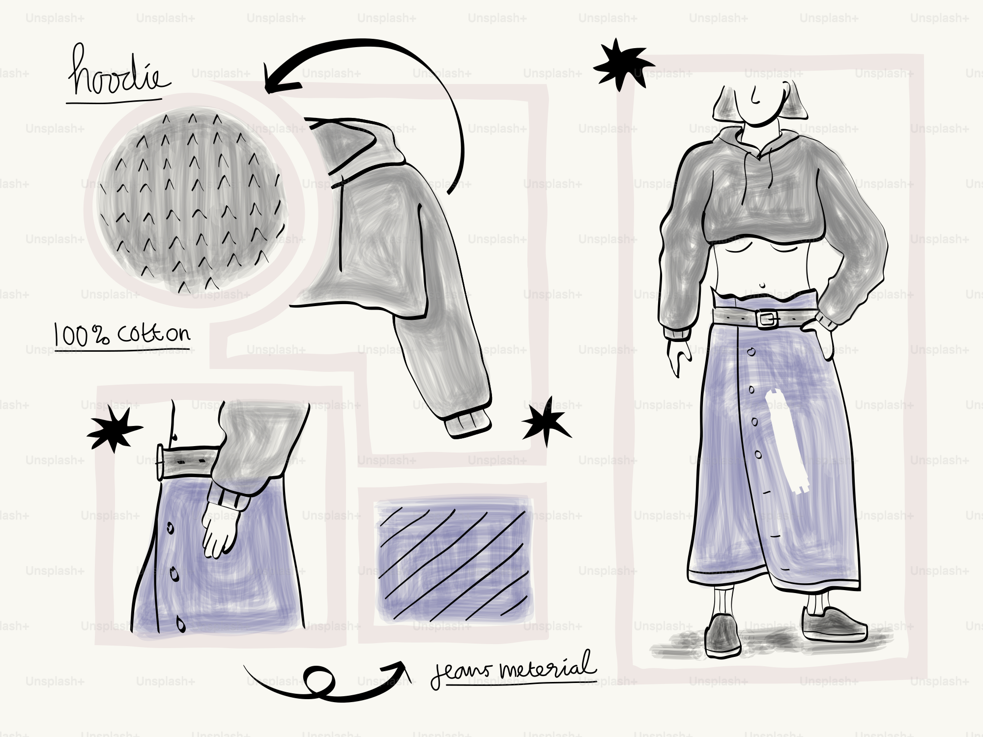 Desain busana yang menunjukkan hoodie yang dipotong dan rok denim panjang.