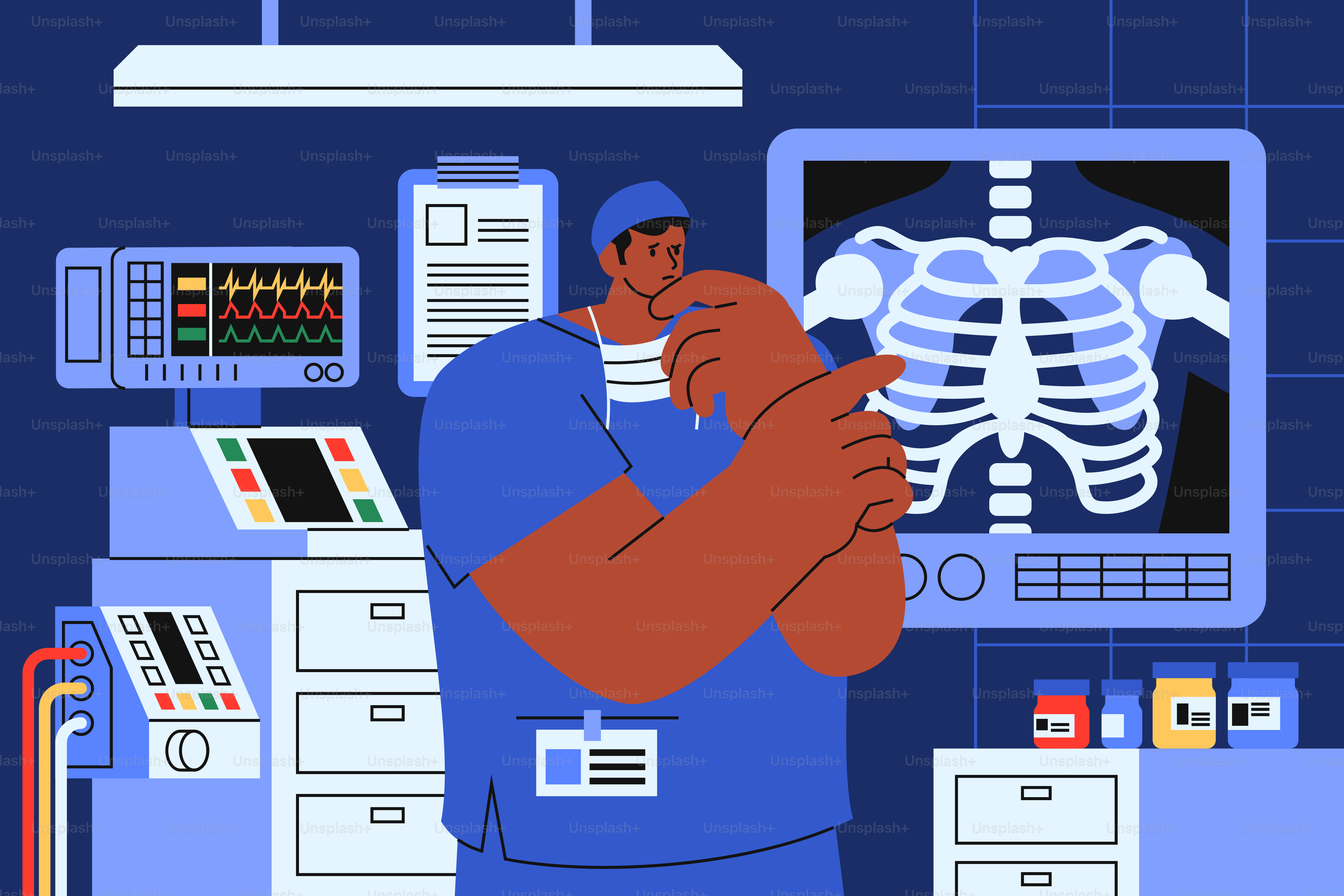 Surgeon in operating room with x-ray display