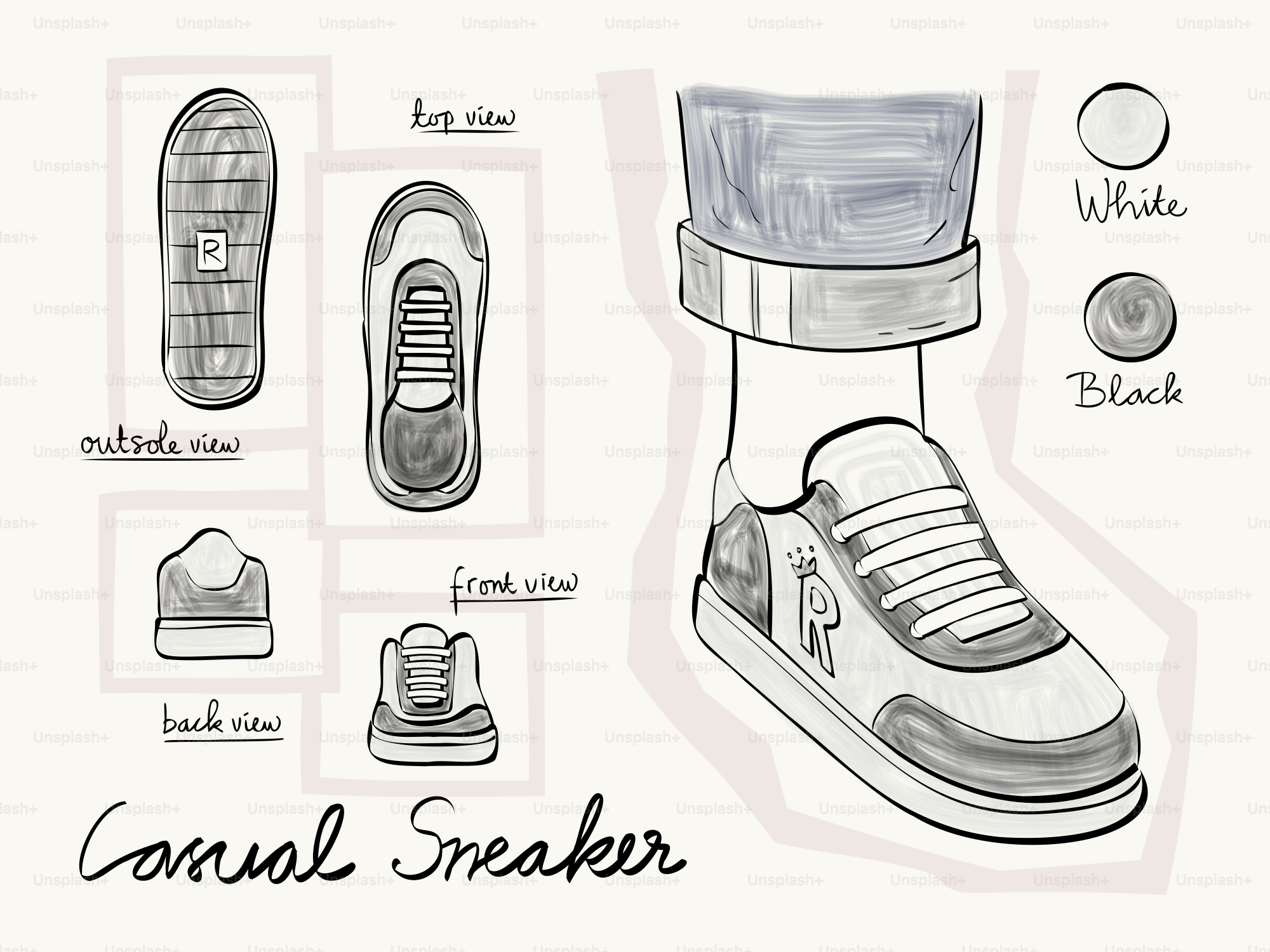 Croquis détaillé d’une sneaker décontractée, plusieurs vues.