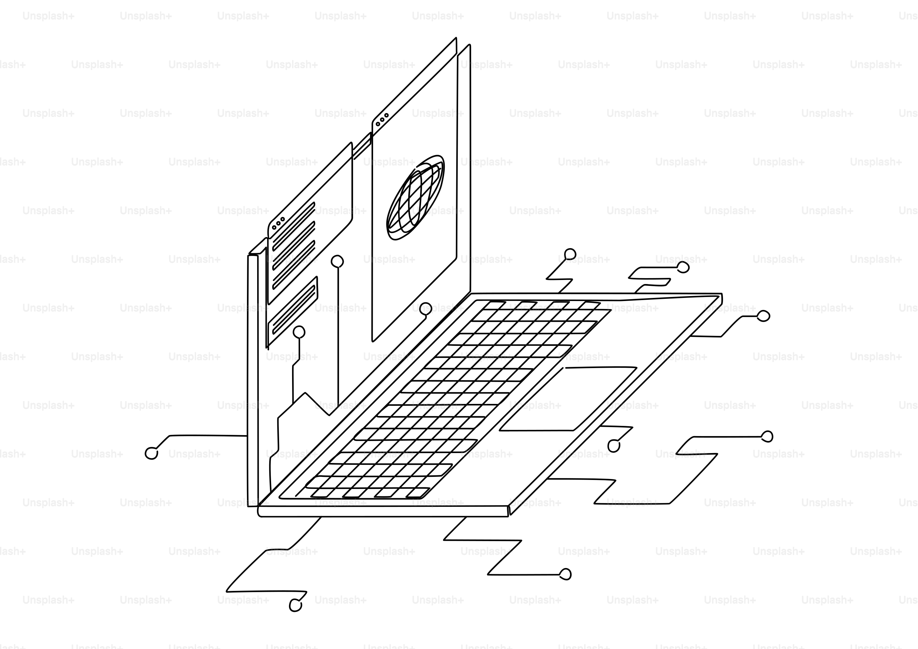 Stylized line drawing of a laptop with digital connections. vector ...