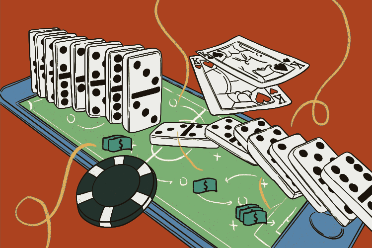Dominó e cartas em um tabuleiro.